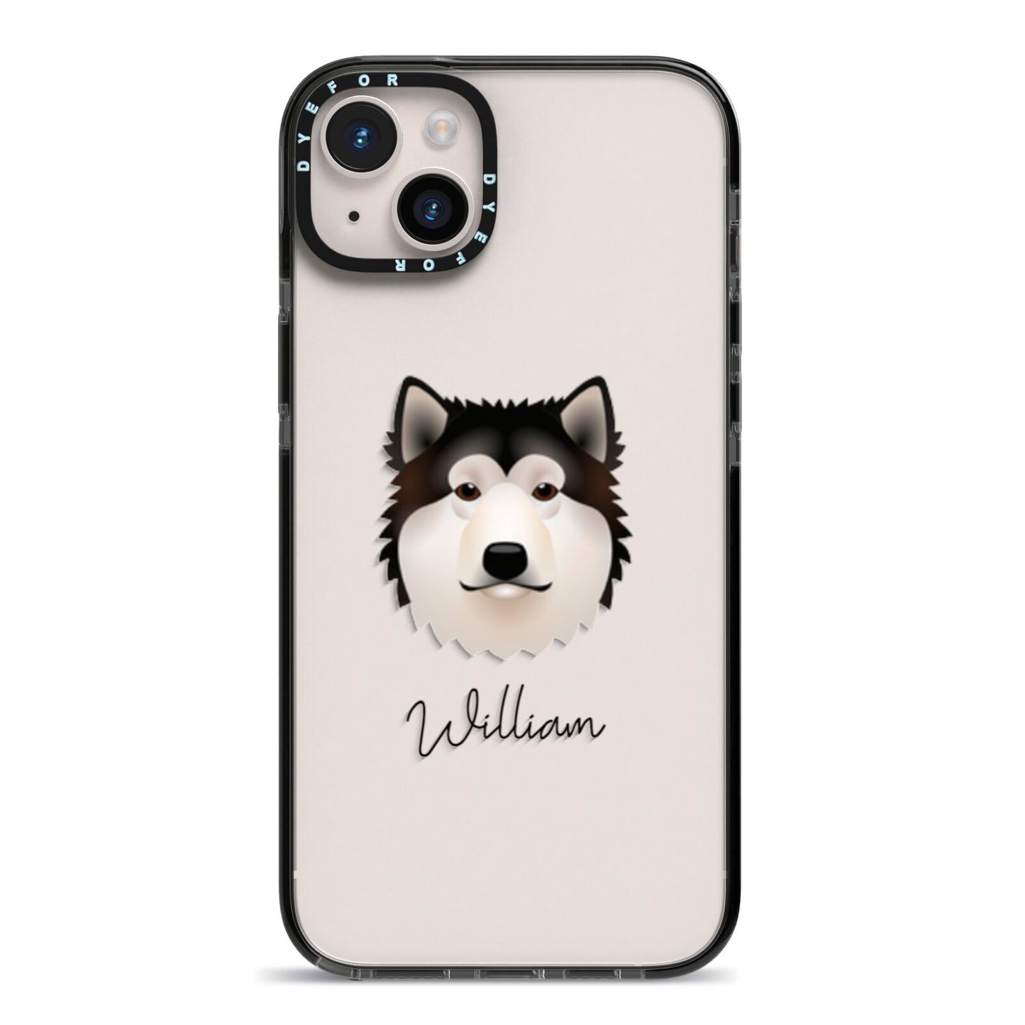 Alaskan Malamute Personalised iPhone 14 Plus Black Impact Case on Silver phone