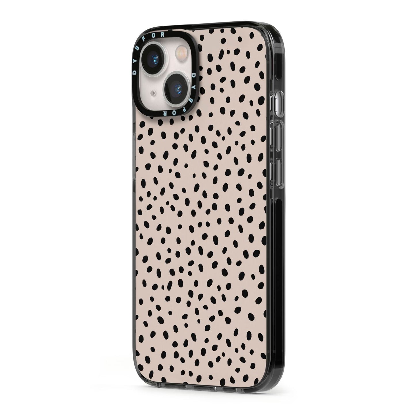 Almond Polka Dot iPhone 13 Black Impact Case Side Angle on Silver phone