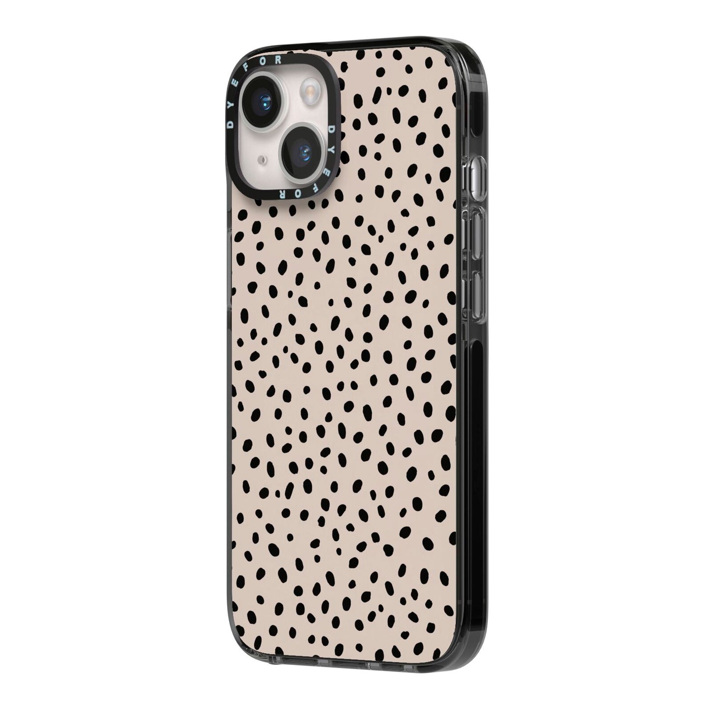 Almond Polka Dot iPhone 14 Black Impact Case Side Angle on Silver phone