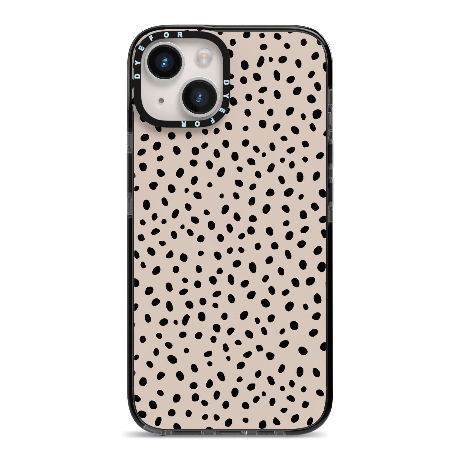 Almond Polka Dot iPhone 14 Black Impact Case on Silver phone