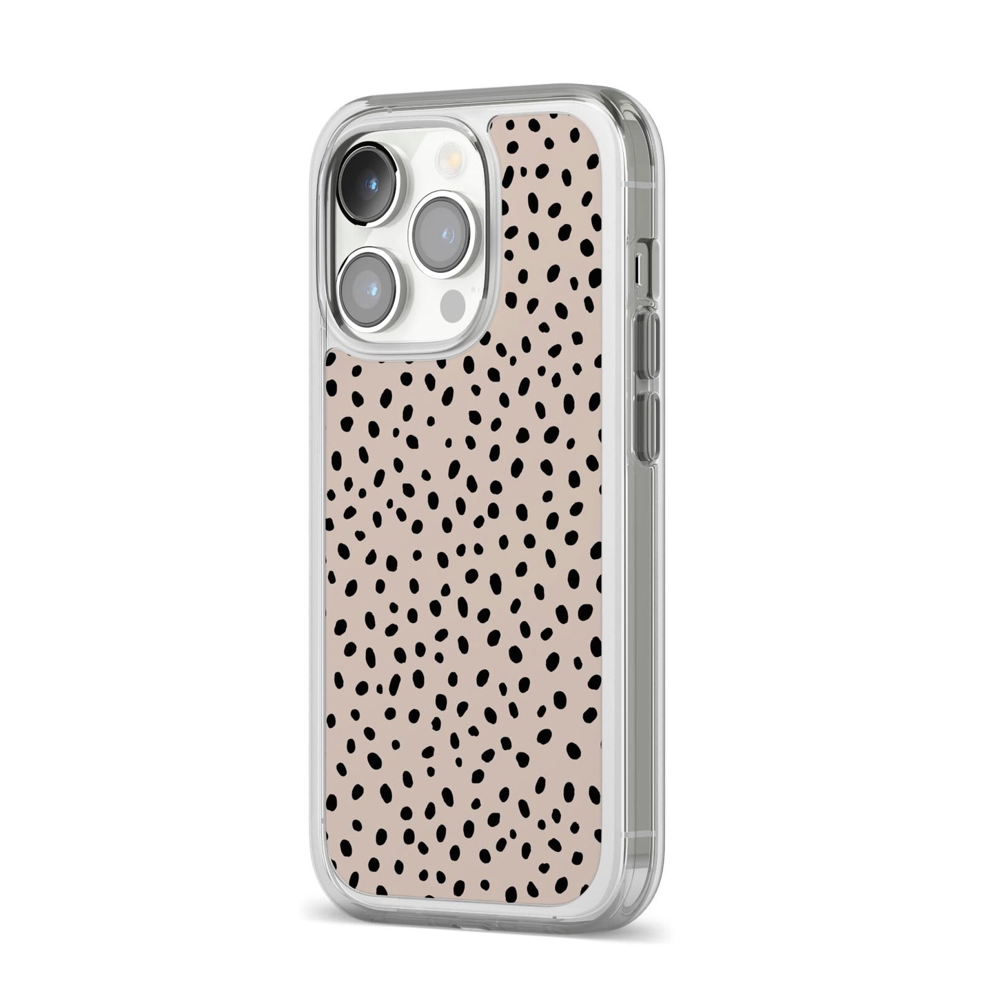 Almond Polka Dot iPhone 14 Pro Clear Tough Case Silver Angled Image