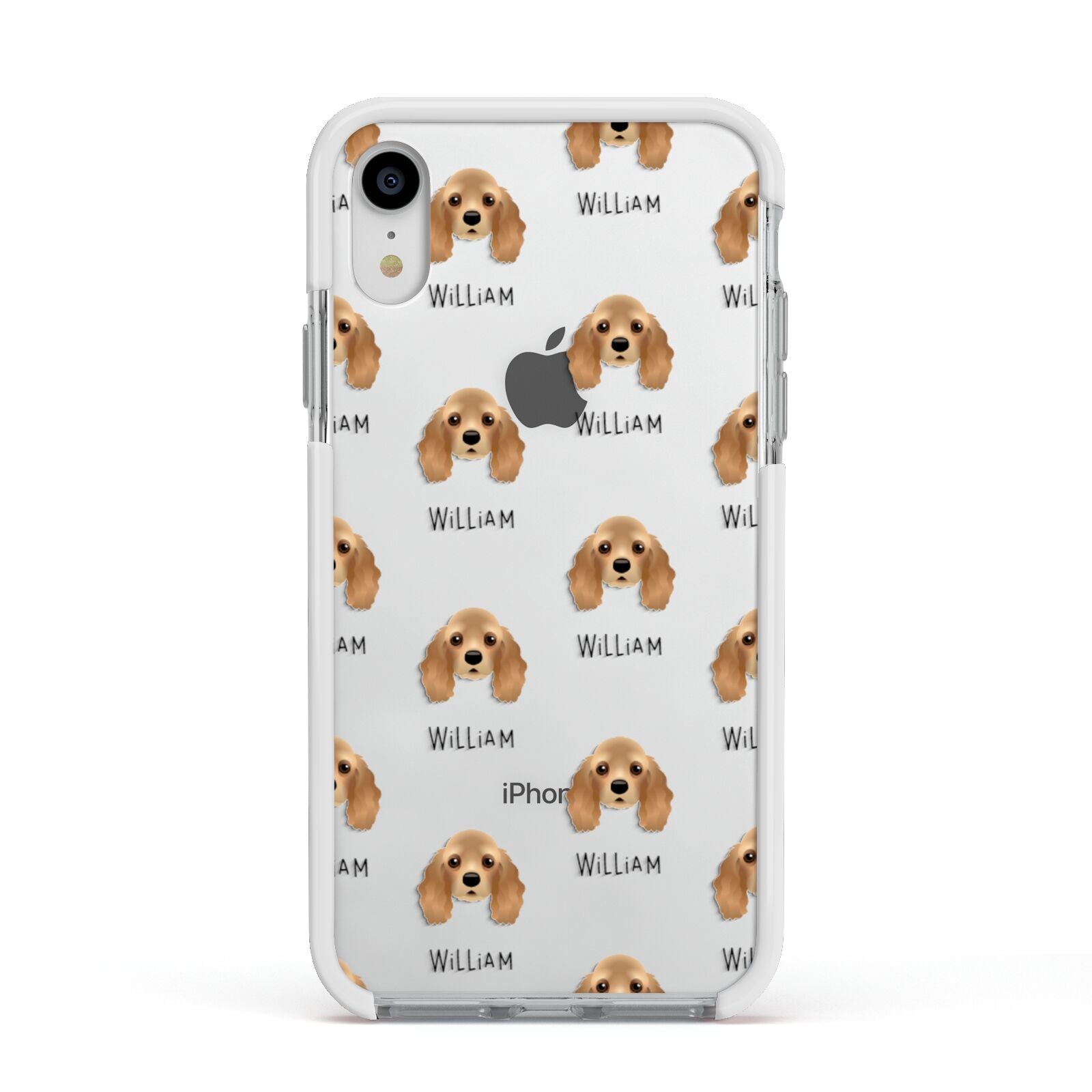 American Cocker Spaniel Icon with Name Apple iPhone XR Impact Case White Edge on Silver Phone