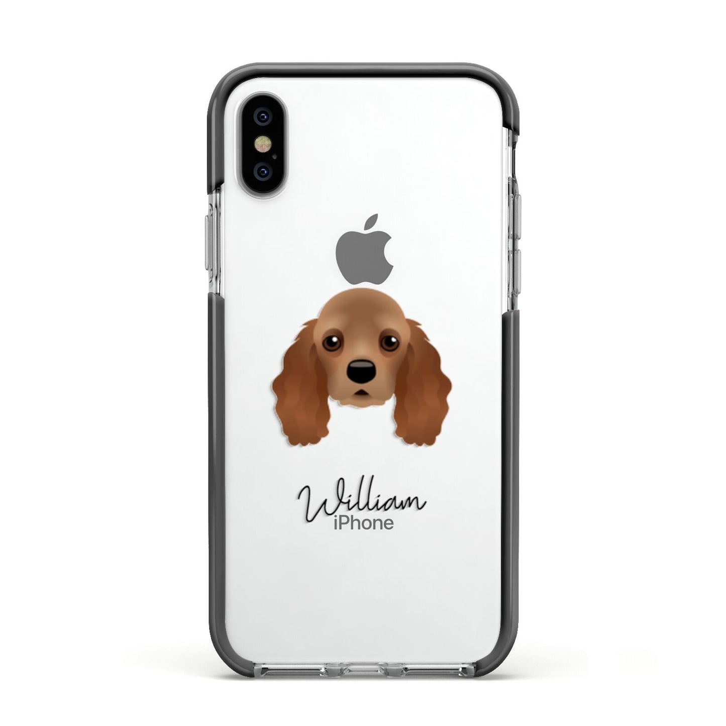 American Cocker Spaniel Personalised Apple iPhone Xs Impact Case Black Edge on Silver Phone