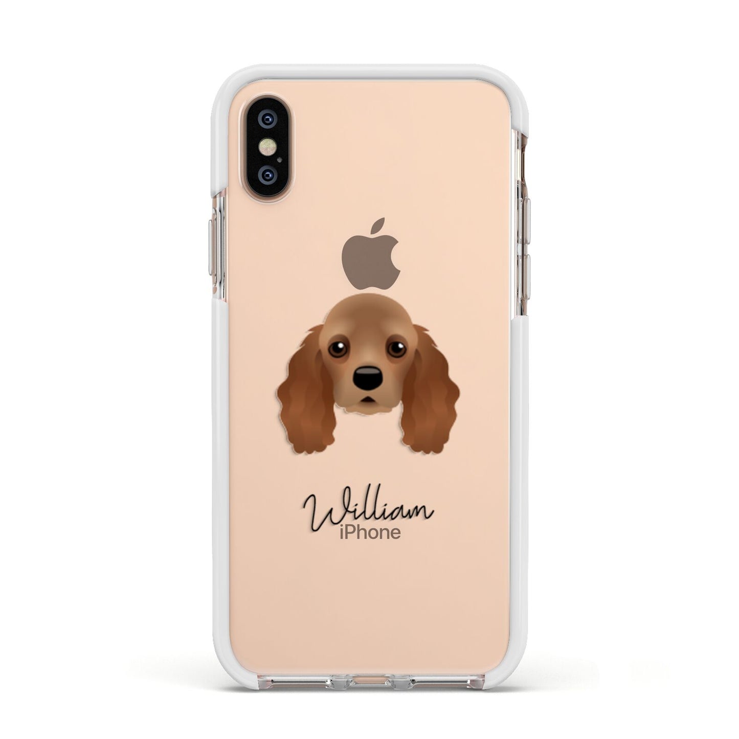 American Cocker Spaniel Personalised Apple iPhone Xs Impact Case White Edge on Gold Phone