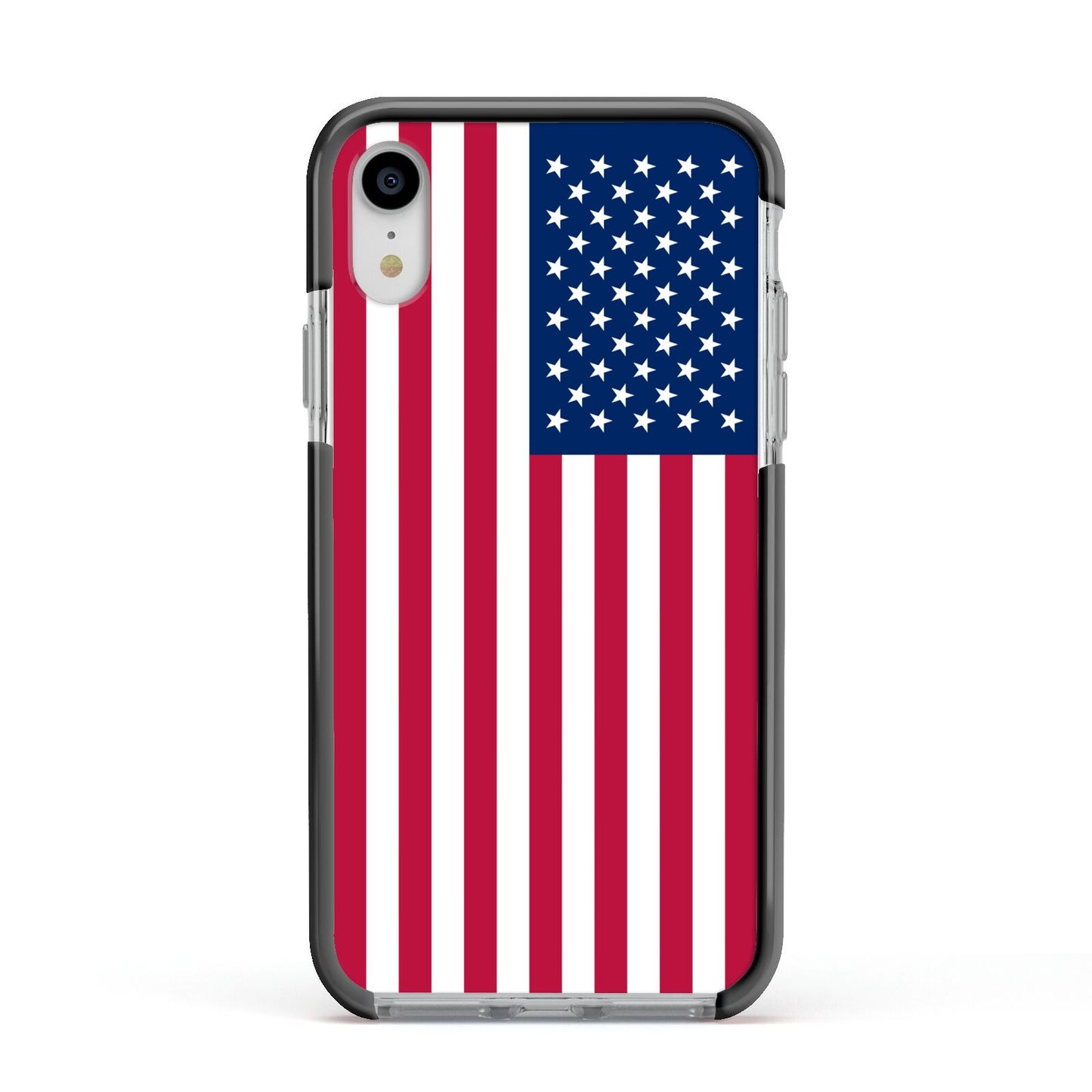 American Flag Apple iPhone XR Impact Case Black Edge on Silver Phone