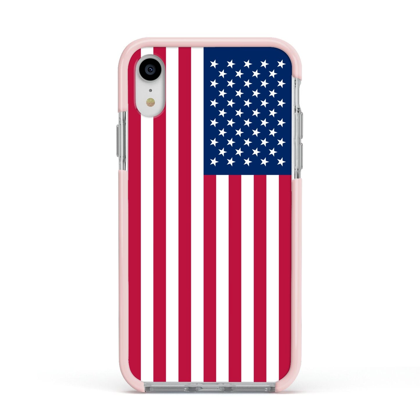 American Flag Apple iPhone XR Impact Case Pink Edge on Silver Phone