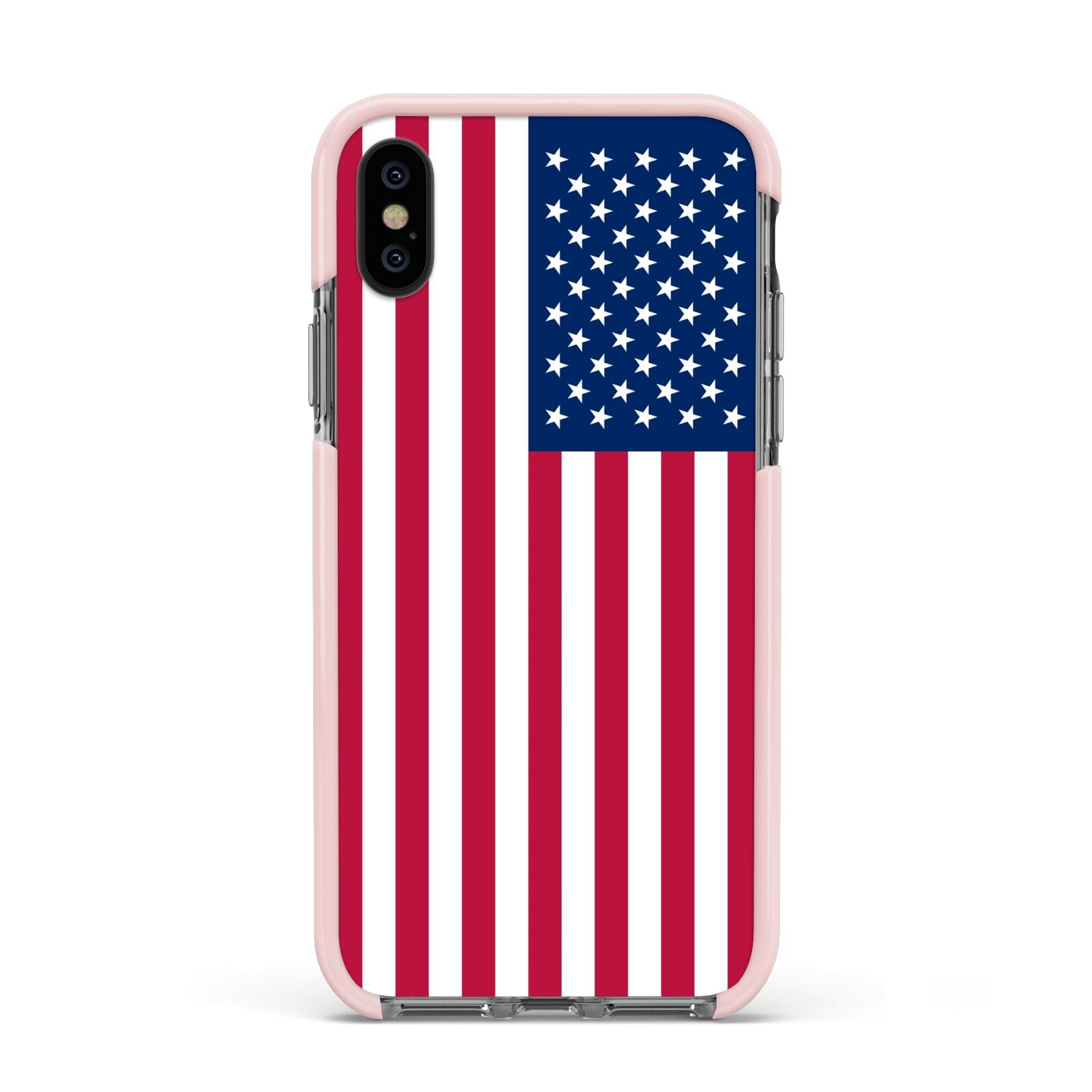 American Flag Apple iPhone Xs Impact Case Pink Edge on Black Phone