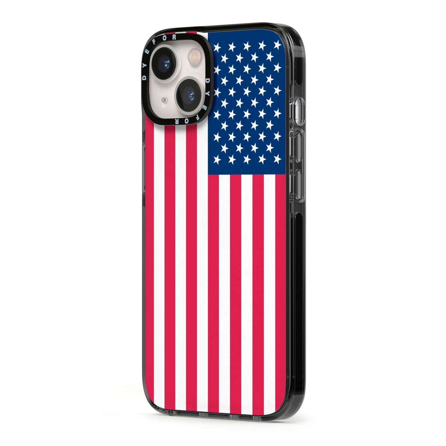 American Flag iPhone 13 Black Impact Case Side Angle on Silver phone