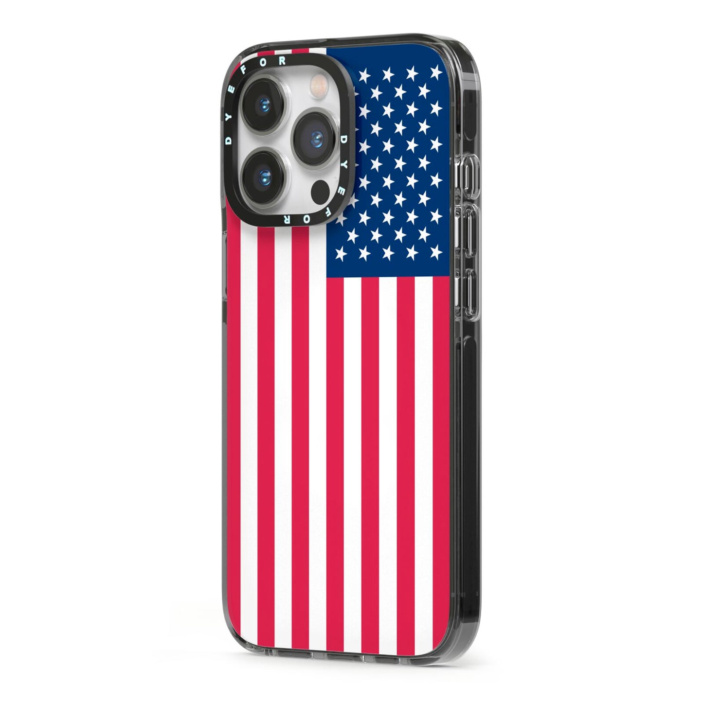 American Flag iPhone 13 Pro Black Impact Case Side Angle on Silver phone