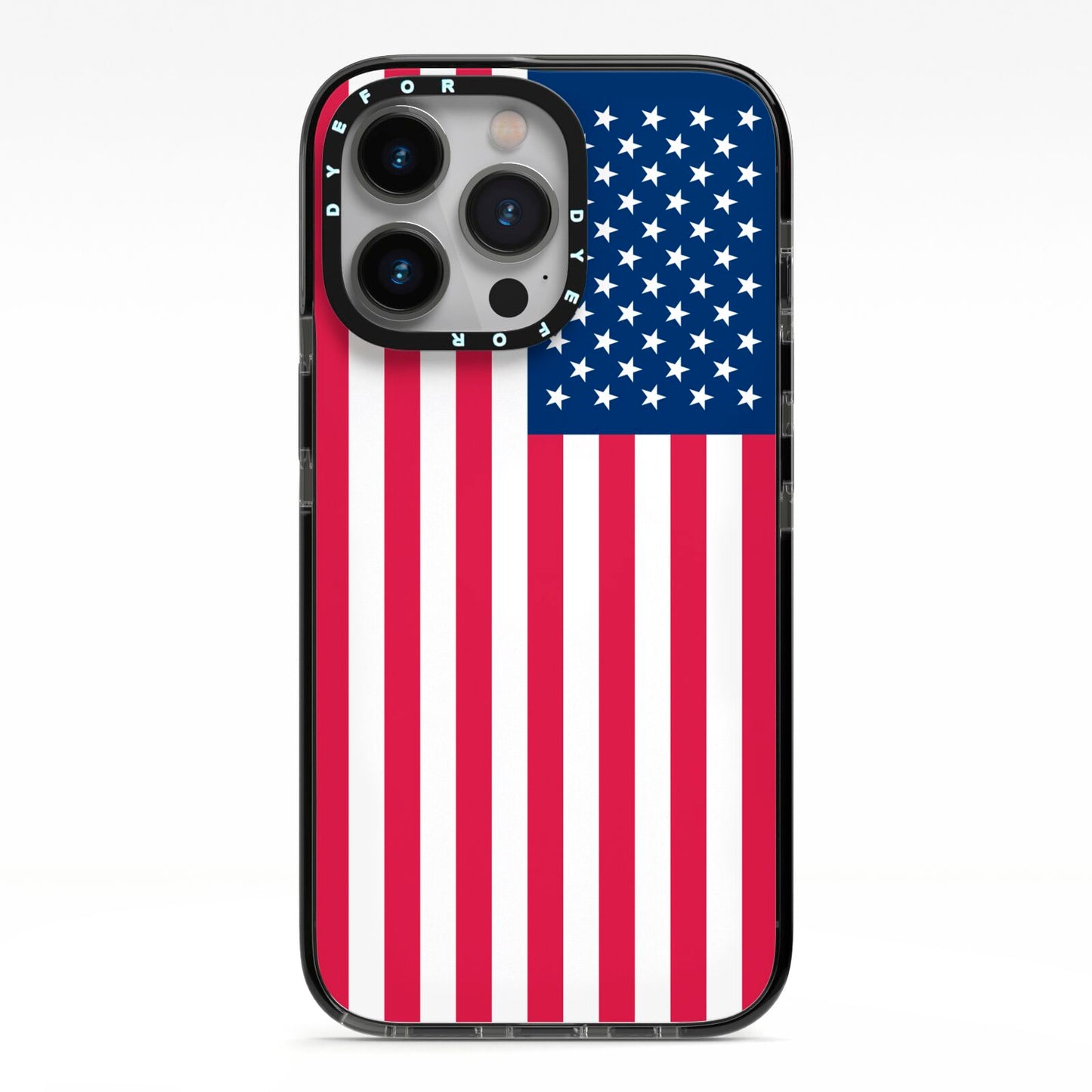 American Flag iPhone 13 Pro Black Impact Case on Silver phone