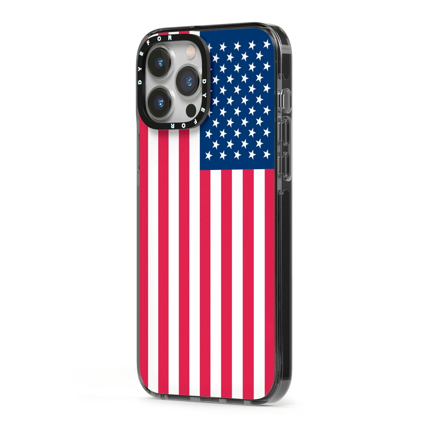 American Flag iPhone 13 Pro Max Black Impact Case Side Angle on Silver phone