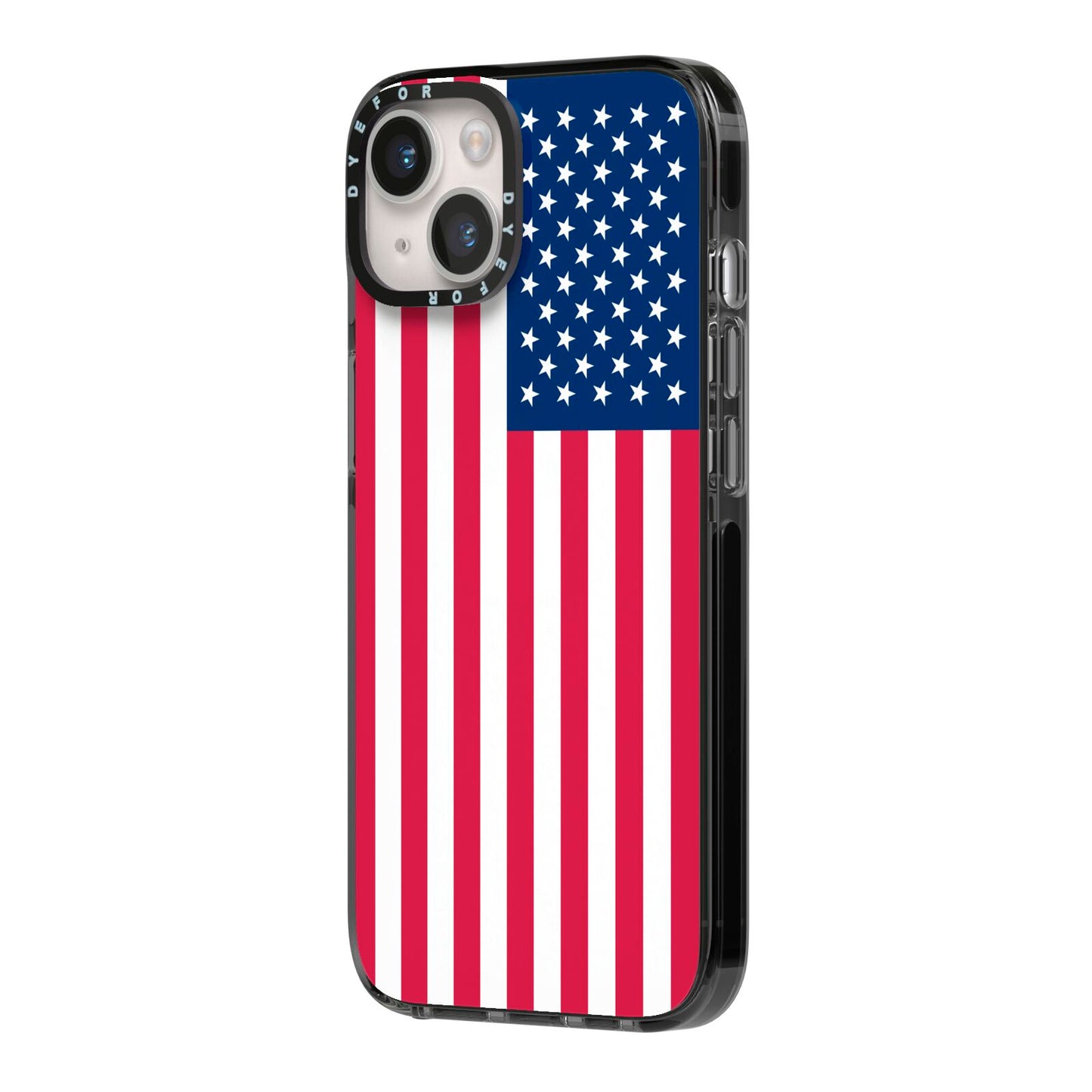 American Flag iPhone 14 Black Impact Case Side Angle on Silver phone