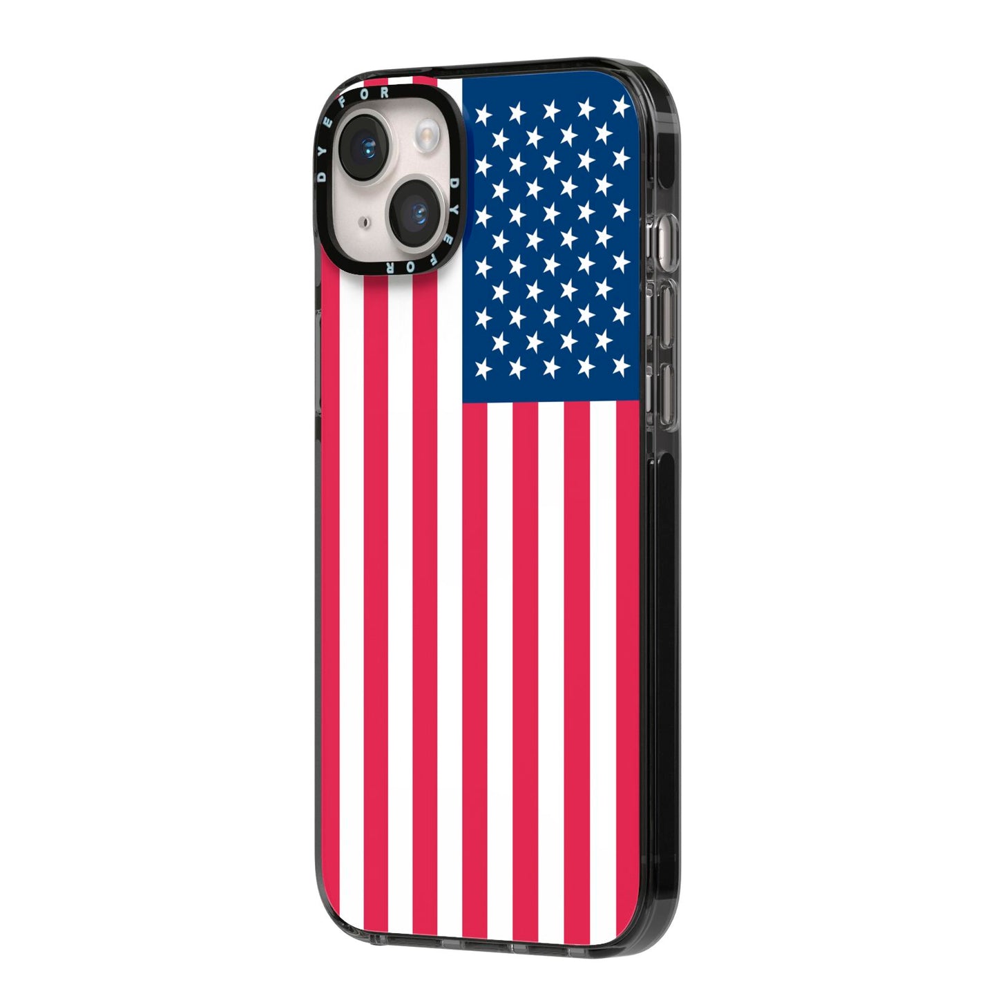 American Flag iPhone 14 Plus Black Impact Case Side Angle on Silver phone