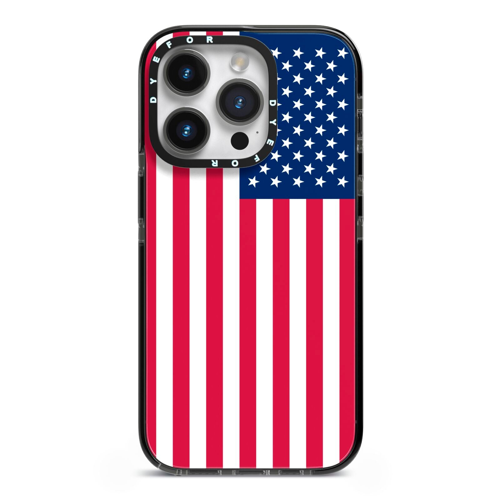 American Flag iPhone 14 Pro Black Impact Case on Silver phone