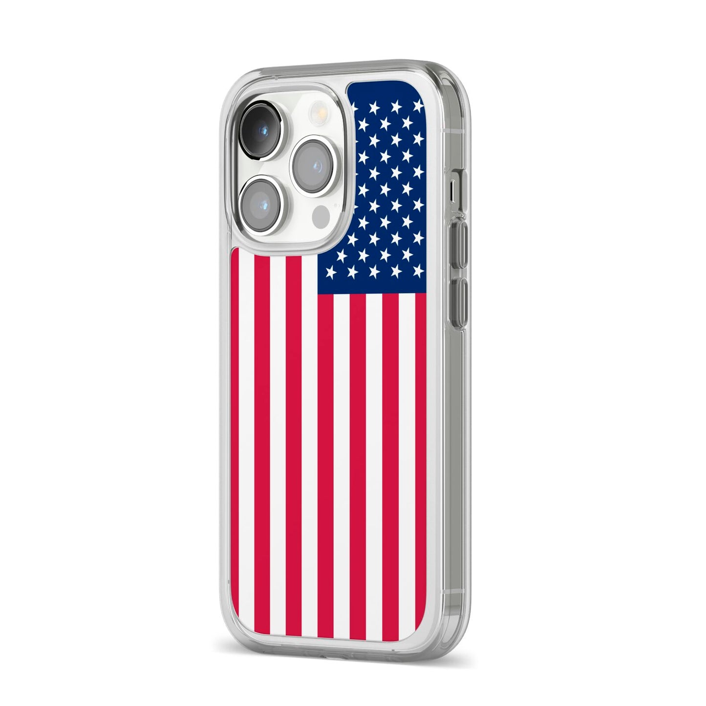 American Flag iPhone 14 Pro Clear Tough Case Silver Angled Image