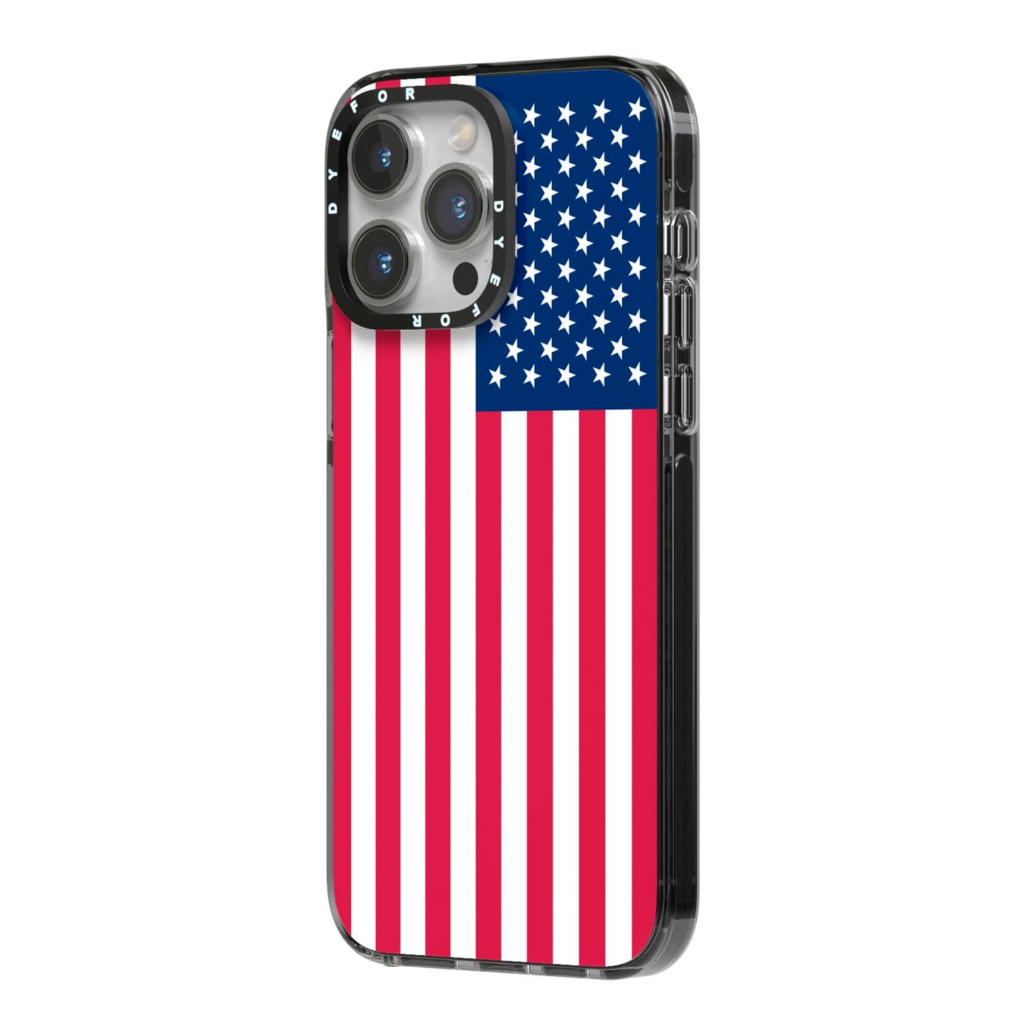 American Flag iPhone 14 Pro Max Black Impact Case Side Angle on Silver phone