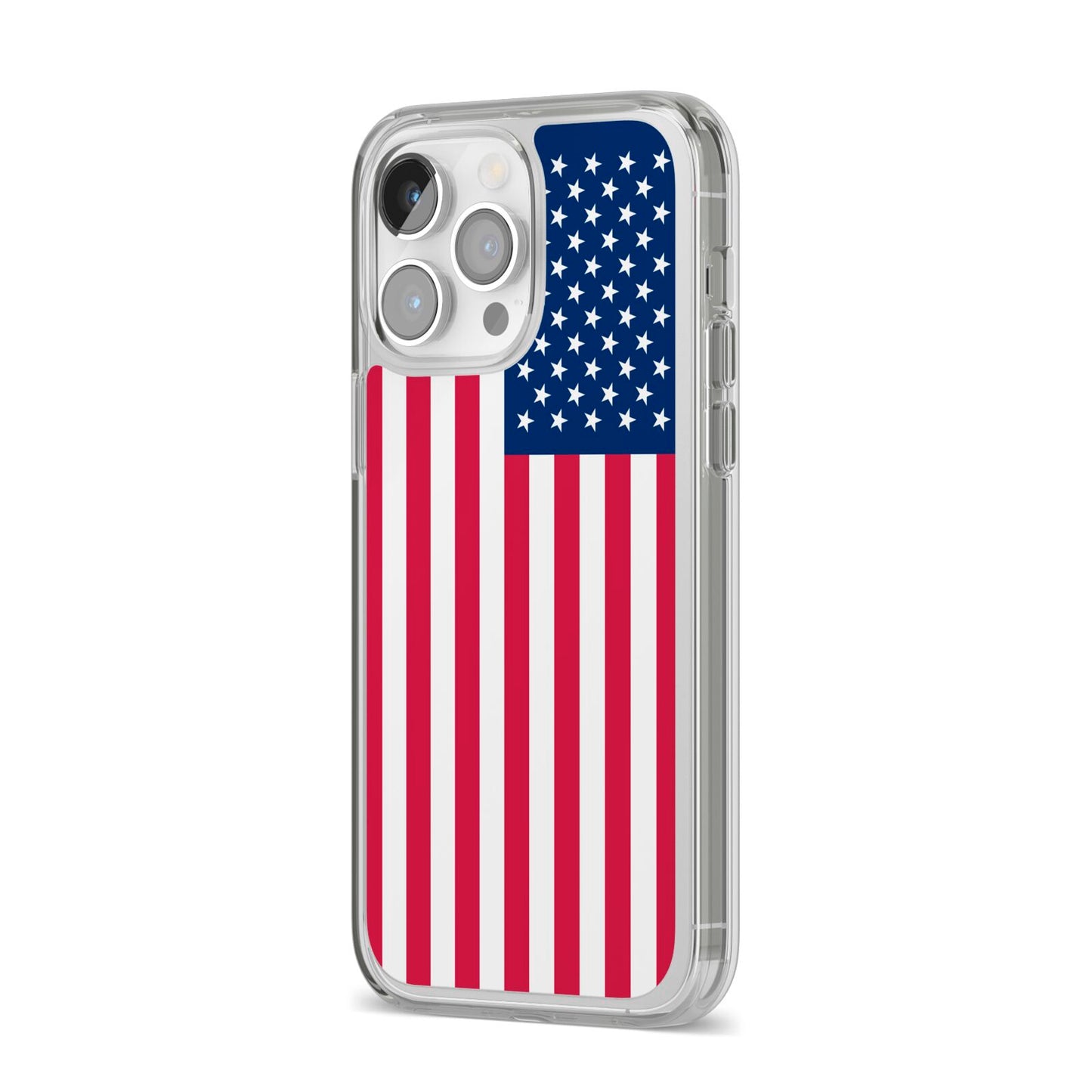 American Flag iPhone 14 Pro Max Clear Tough Case Silver Angled Image