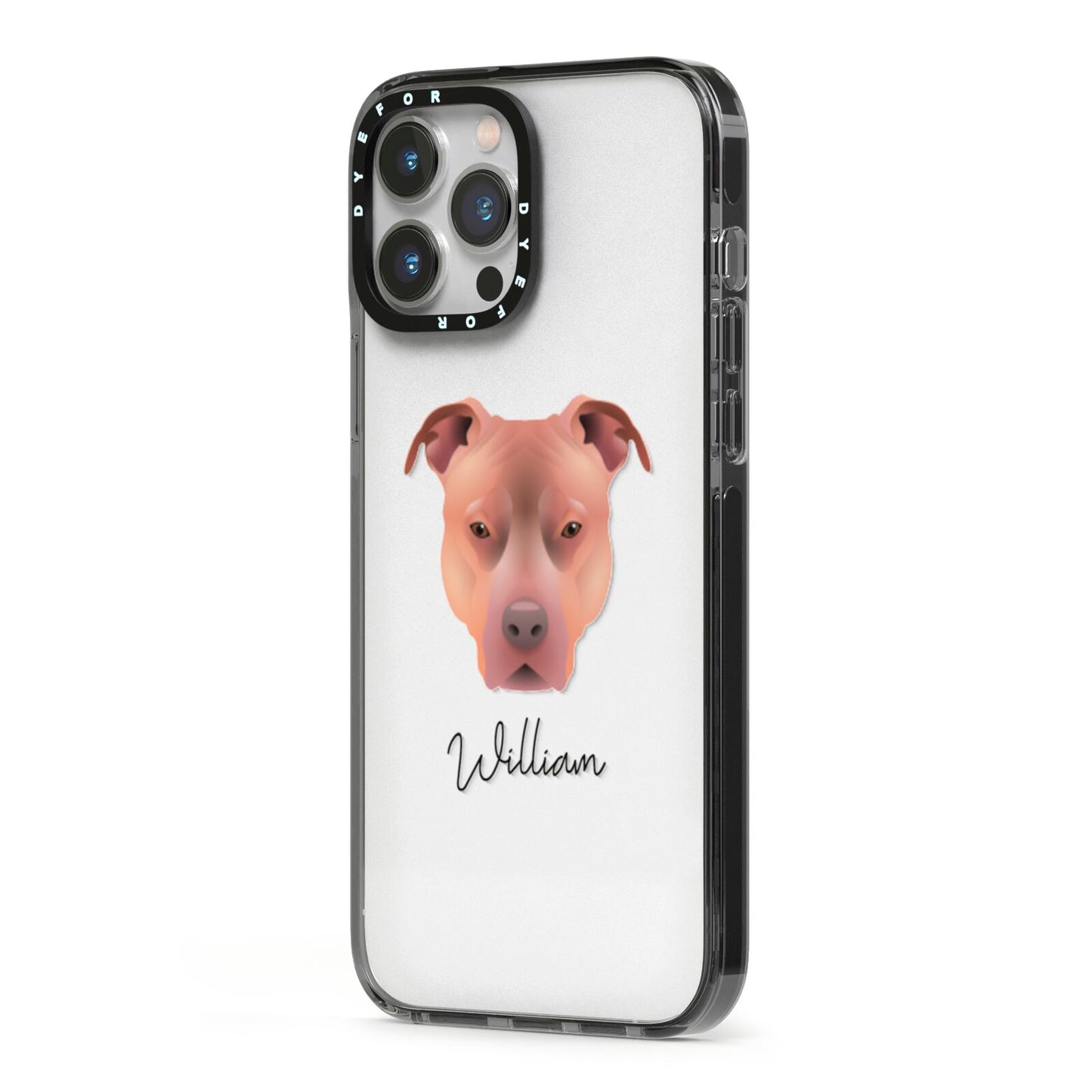 American Pit Bull Terrier Personalised iPhone 13 Pro Max Black Impact Case Side Angle on Silver phone