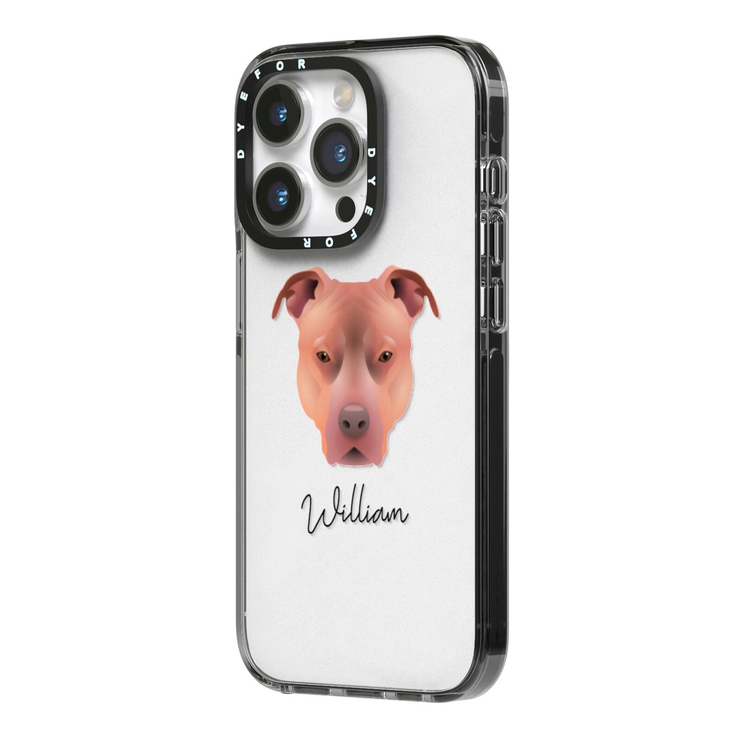 American Pit Bull Terrier Personalised iPhone 14 Pro Black Impact Case Side Angle on Silver phone