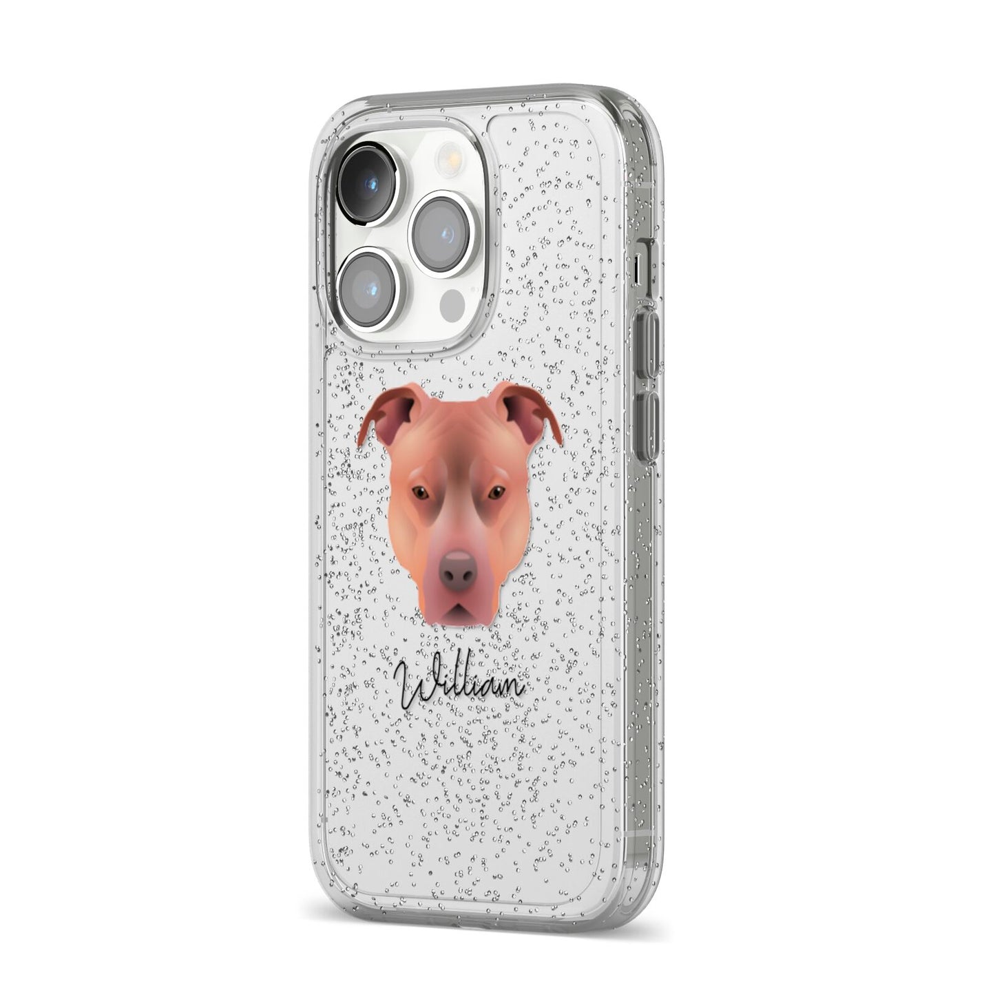 American Pit Bull Terrier Personalised iPhone 14 Pro Glitter Tough Case Silver Angled Image