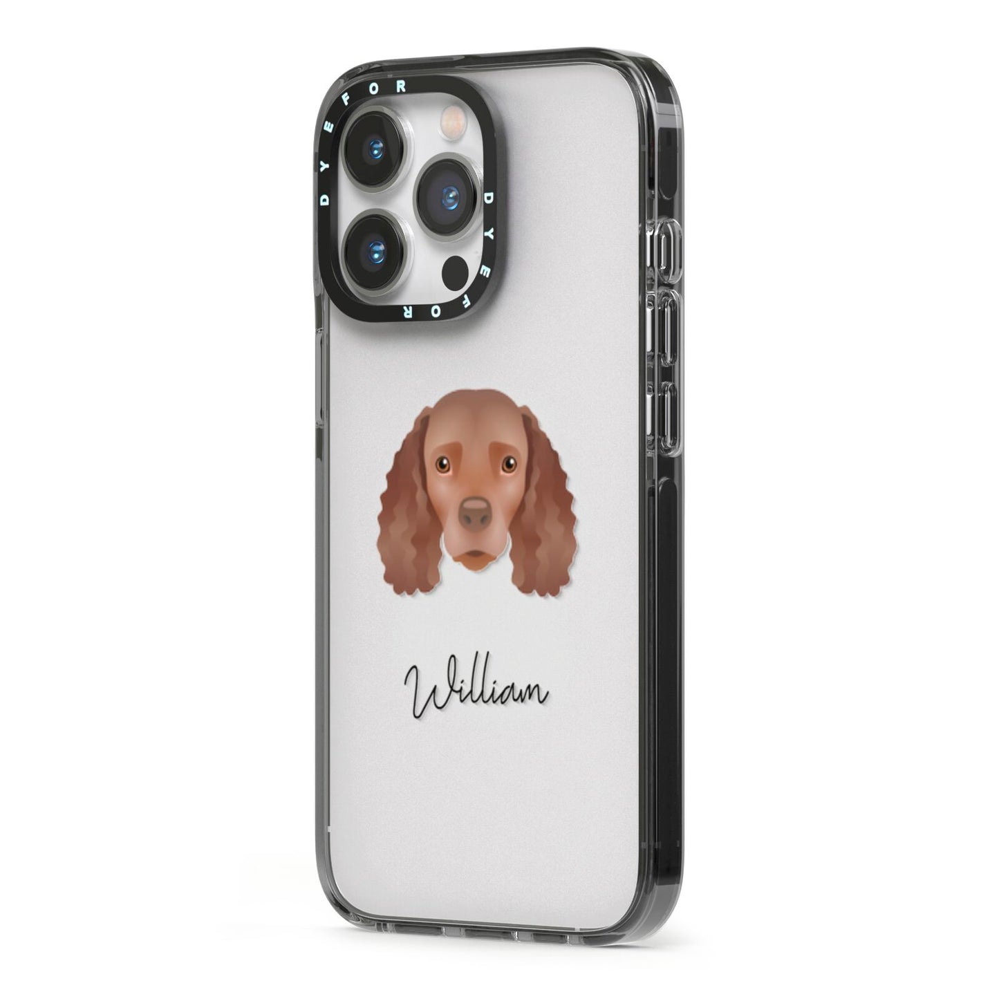 American Water Spaniel Personalised iPhone 13 Pro Black Impact Case Side Angle on Silver phone