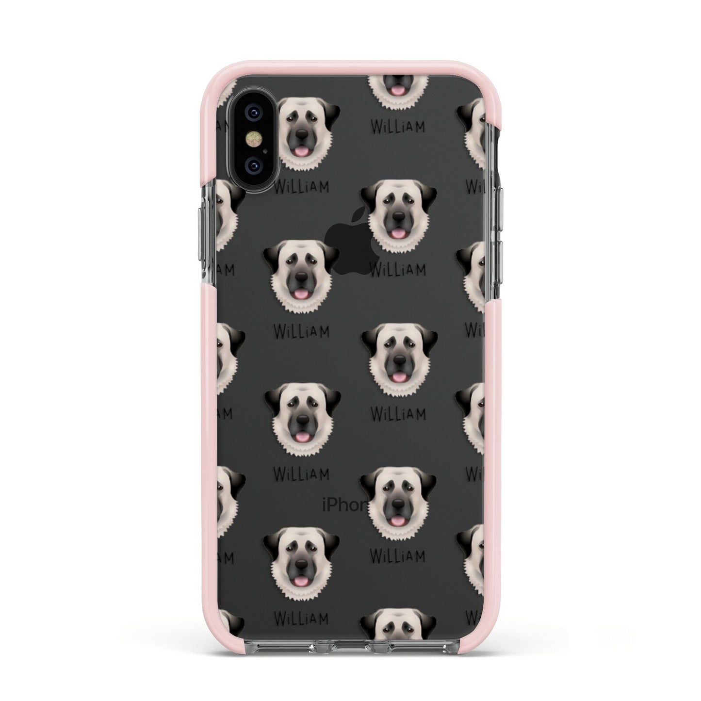 Anatolian Shepherd Dog Icon with Name Apple iPhone Xs Impact Case Pink Edge on Black Phone