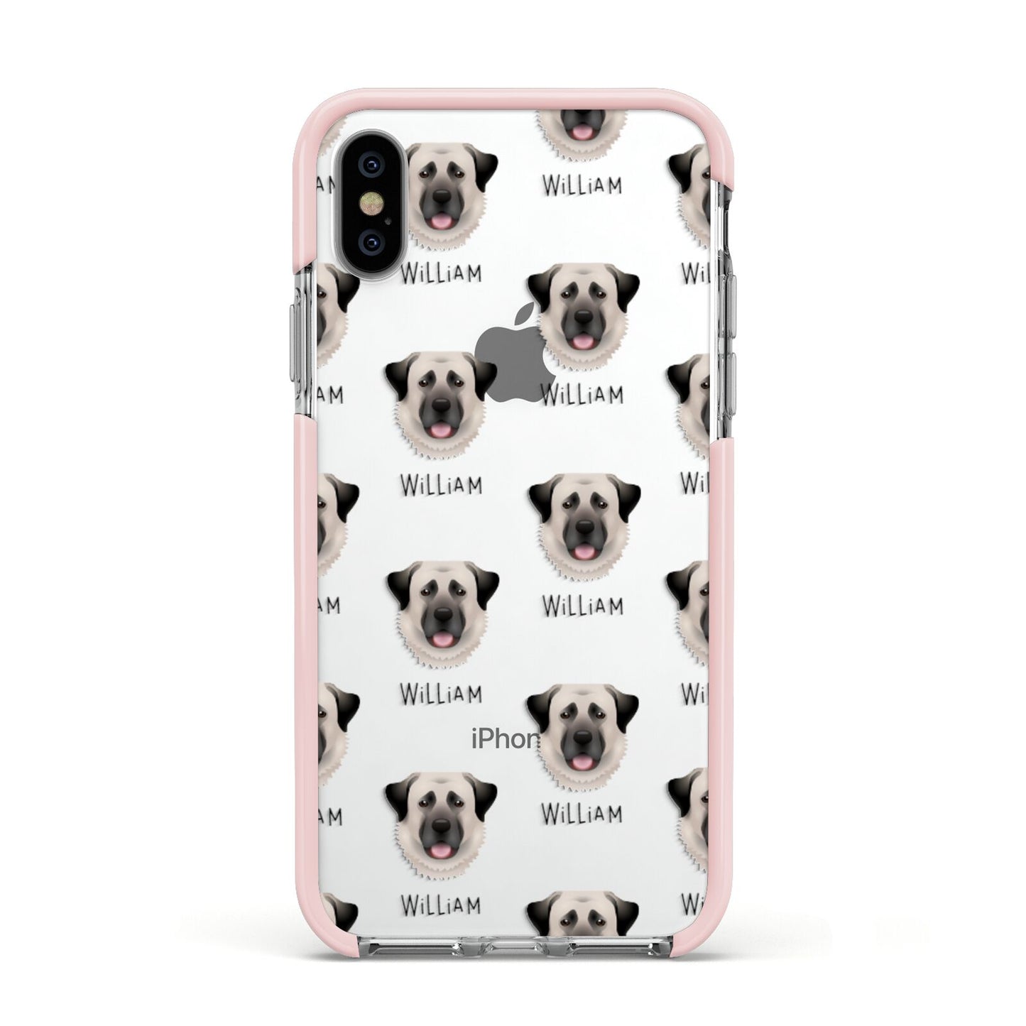 Anatolian Shepherd Dog Icon with Name Apple iPhone Xs Impact Case Pink Edge on Silver Phone