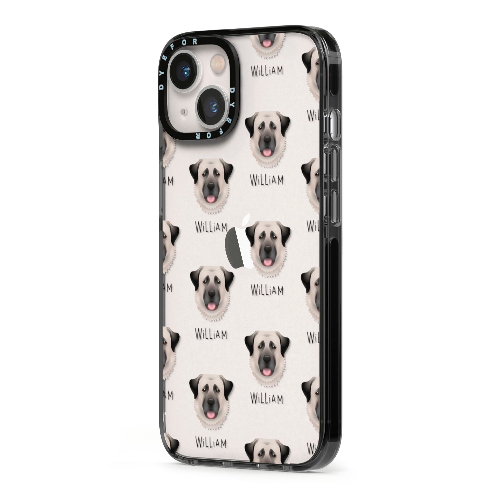 Anatolian Shepherd Dog Icon with Name iPhone 13 Black Impact Case Side Angle on Silver phone