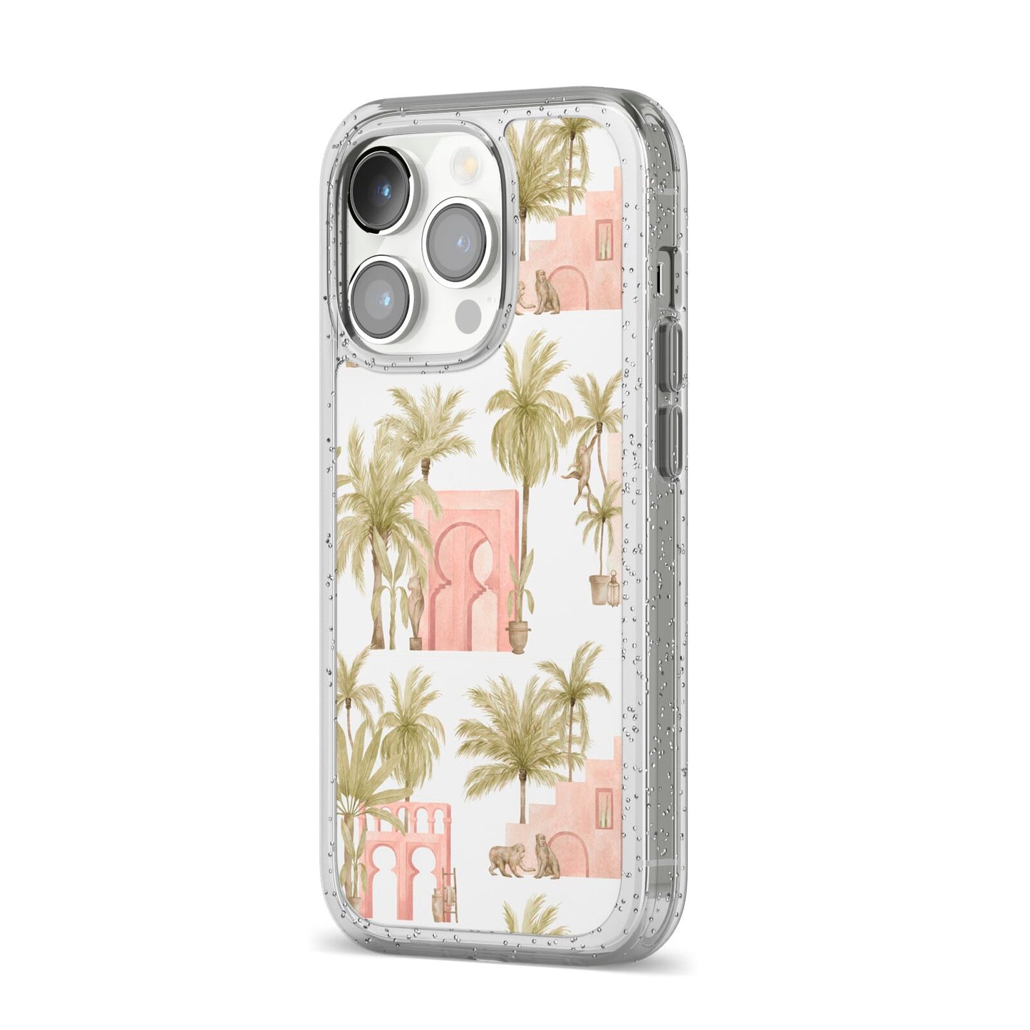 Ancient Palm iPhone 14 Pro Glitter Tough Case Silver Angled Image