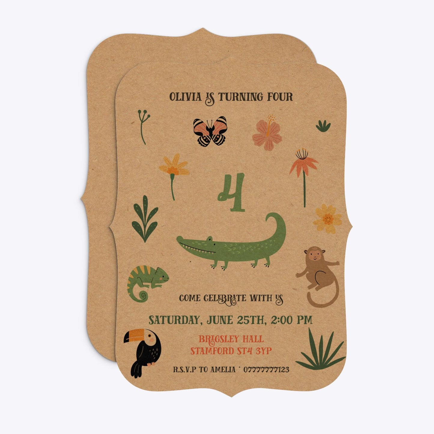 Animals Personalised Happy Birthday Bracket Invitation Kraft Front and Back Image