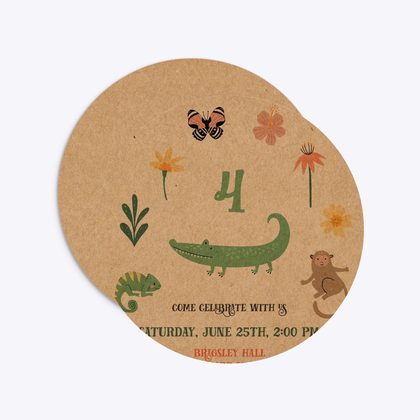 Animals Personalised Happy Birthday Circle 5 25x5 25 Invitation Kraft Front and Back Image