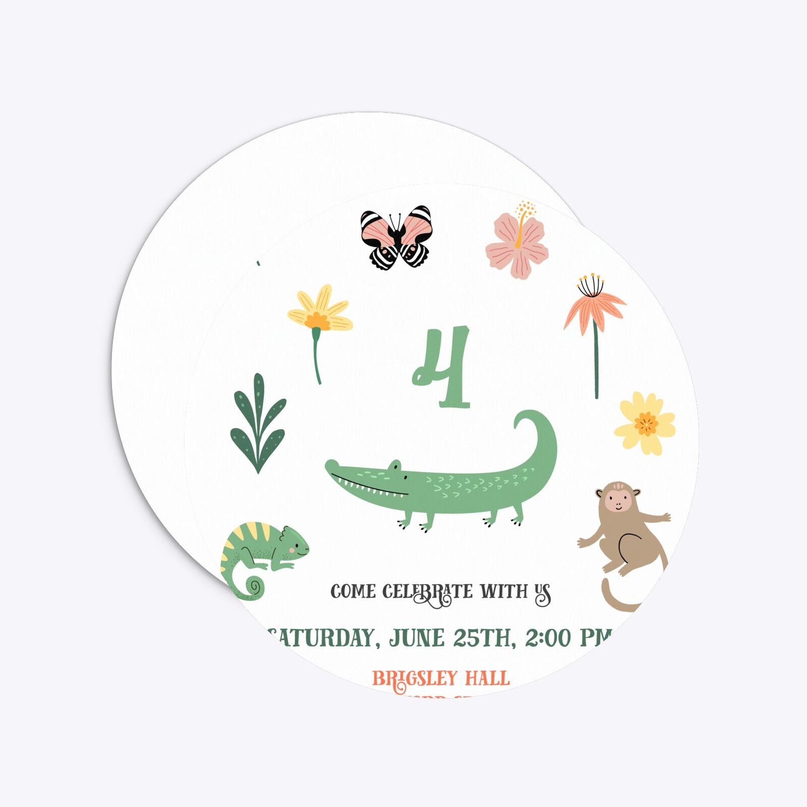 Animals Personalised Happy Birthday Circle 5 25x5 25 Invitation Matte Paper Front and Back Image