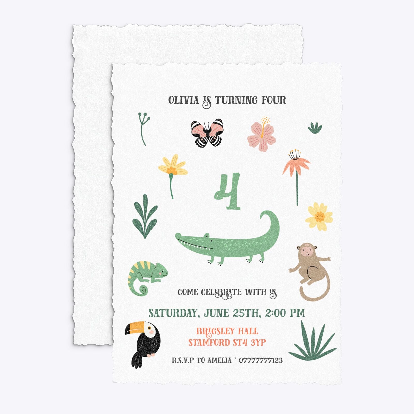 Animals Personalised Happy Birthday Deckle Invitation Glitter Front and Back Image