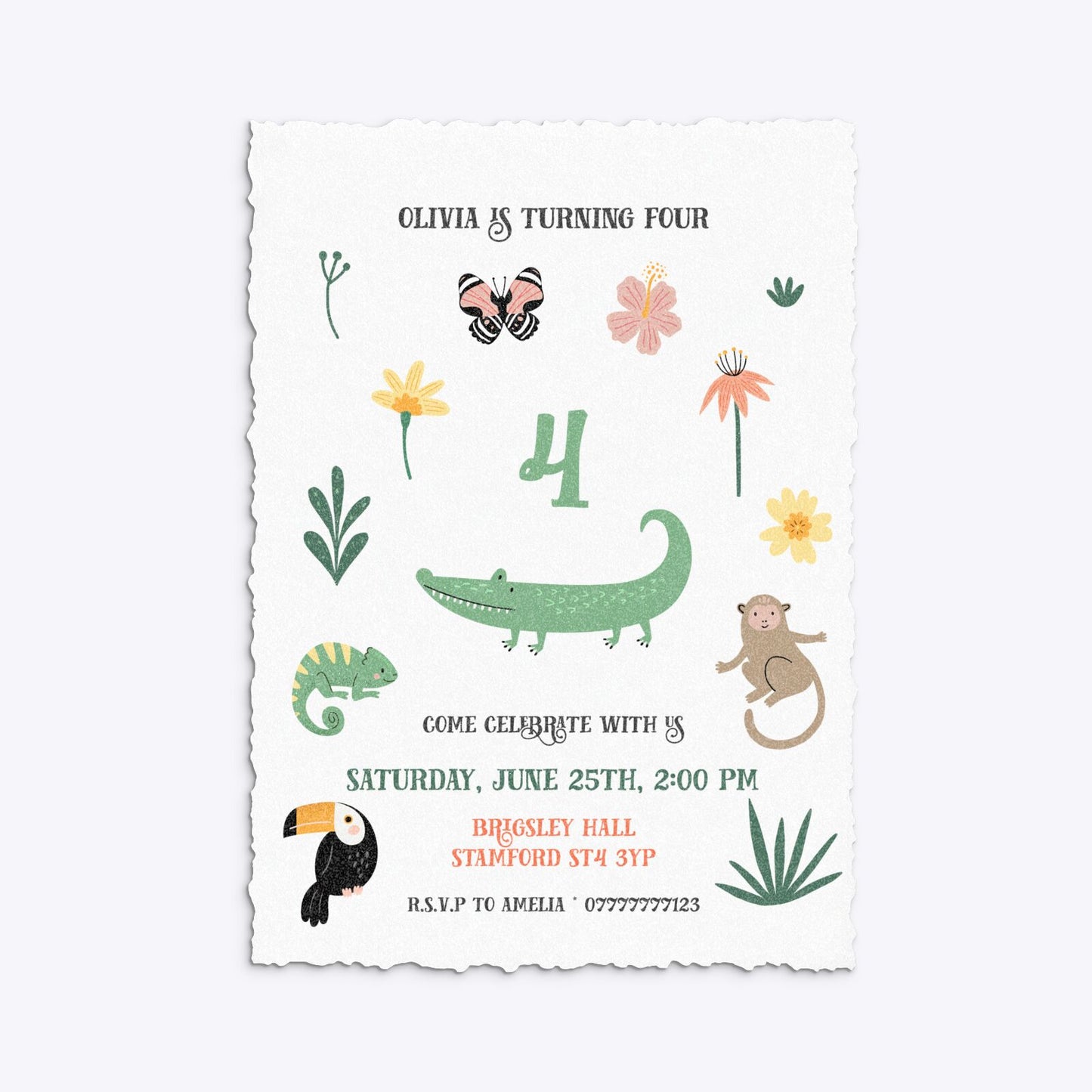 Animals Personalised Happy Birthday Deckle Invitation Glitter