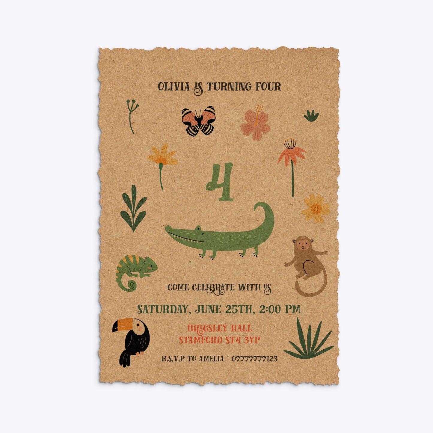 Animals Personalised Happy Birthday Deckle Invitation Kraft