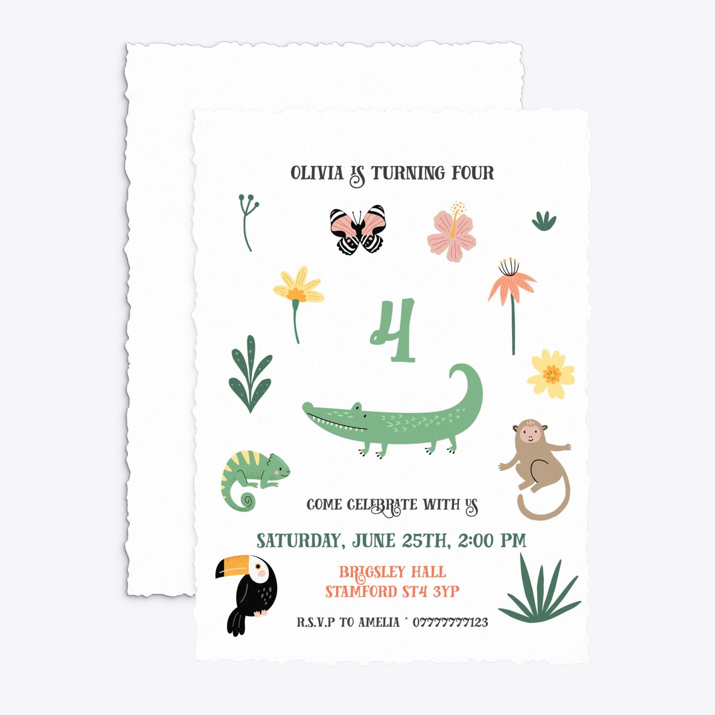 Animals Personalised Happy Birthday Deckle Invitation Matte Paper Front and Back Image