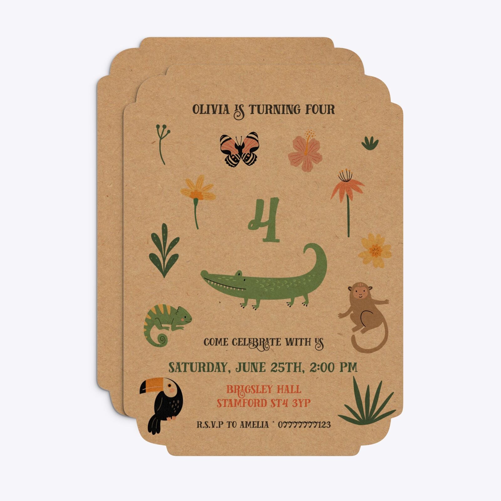 Animals Personalised Happy Birthday Deco Invitation Kraft Front and Back Image