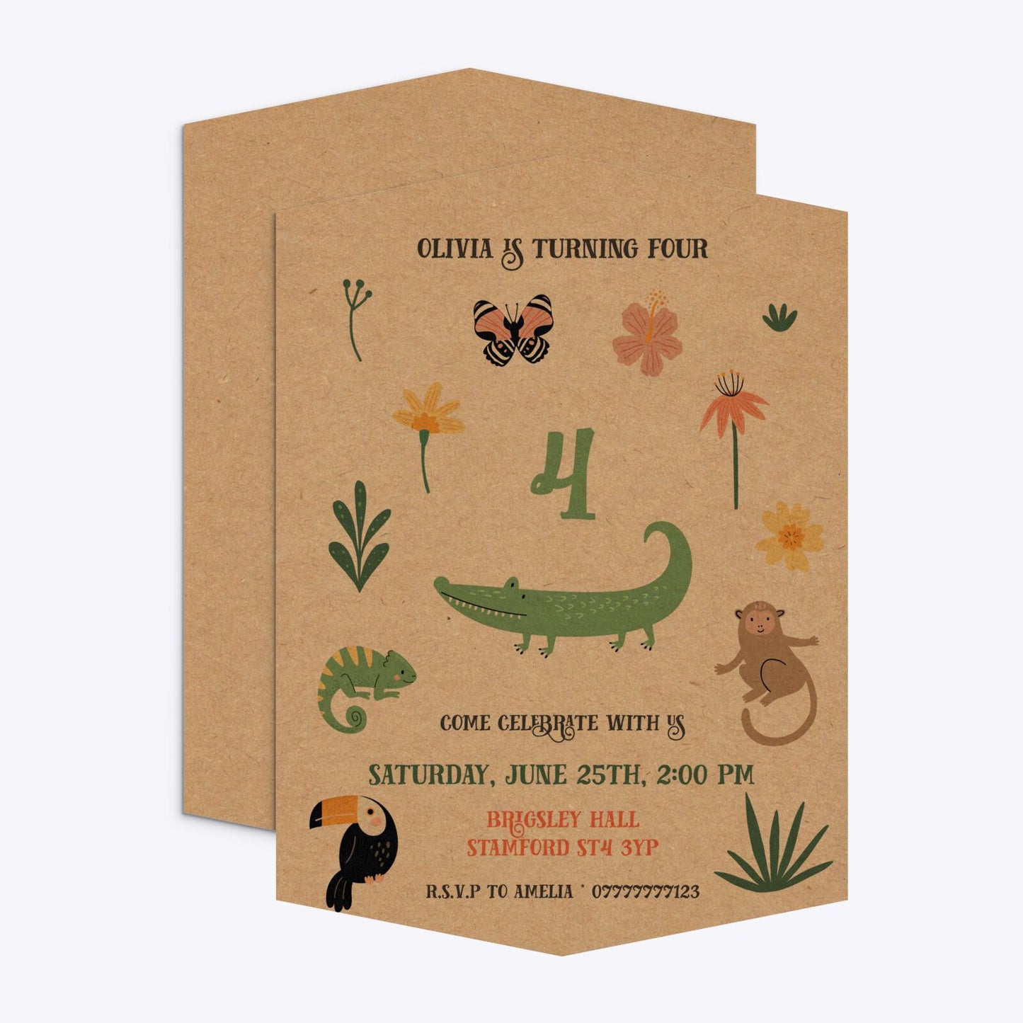 Animals Personalised Happy Birthday Geo Invitation Kraft Front and Back Image