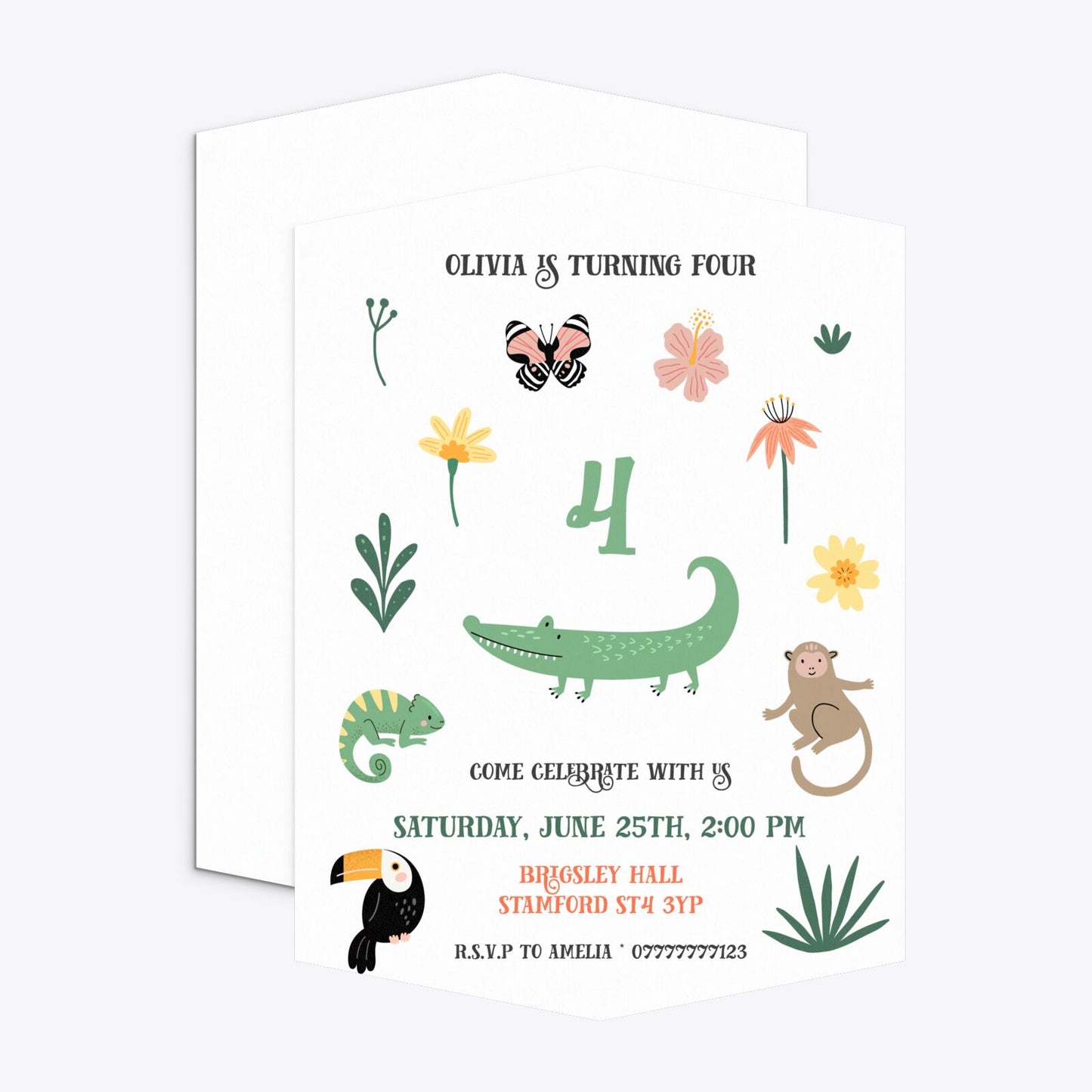 Animals Personalised Happy Birthday Geo Invitation Matte Paper Front and Back Image