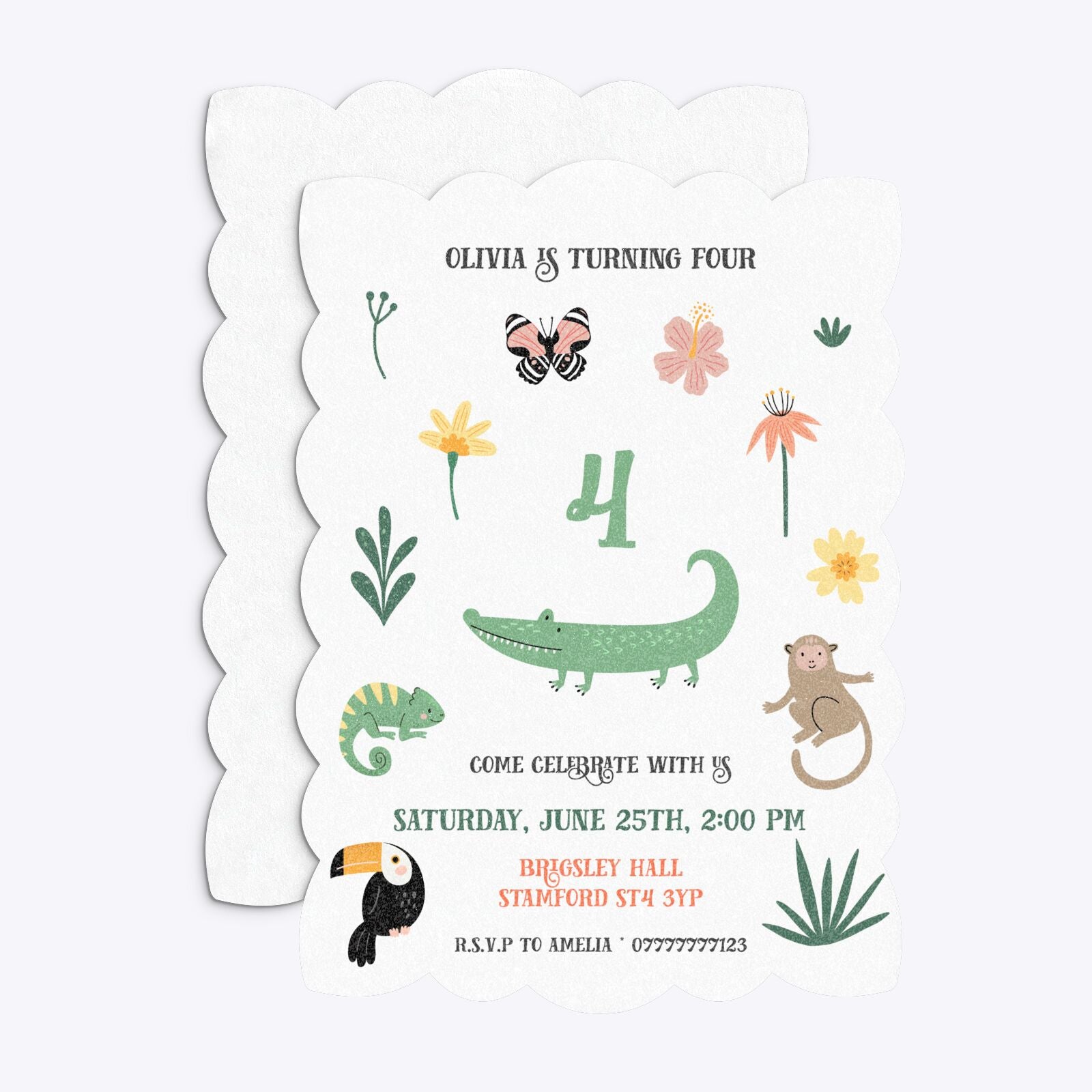Animals Personalised Happy Birthday Petal Invitation Glitter Front and Back Image