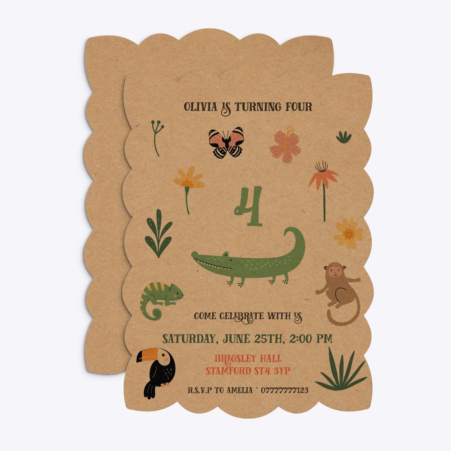 Animals Personalised Happy Birthday Petal Invitation Kraft Front and Back Image