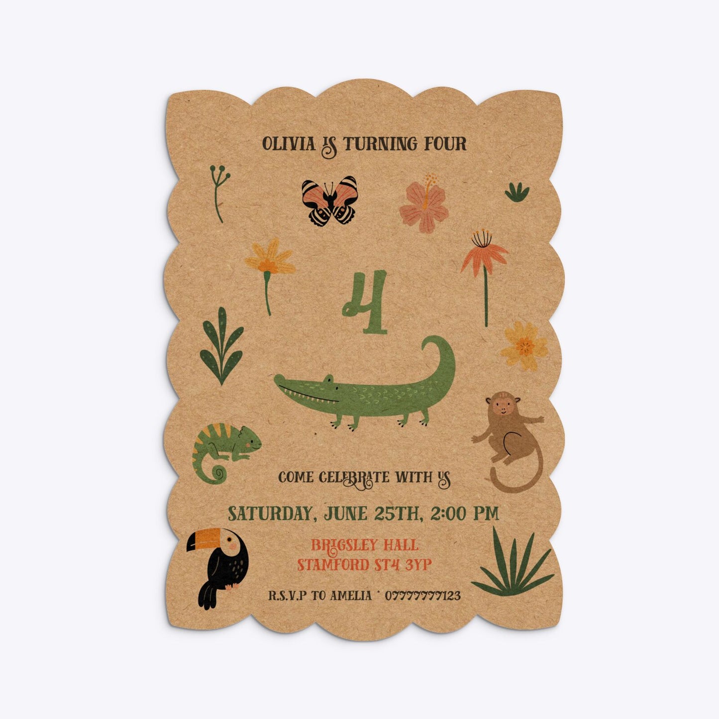 Animals Personalised Happy Birthday Petal Invitation Kraft