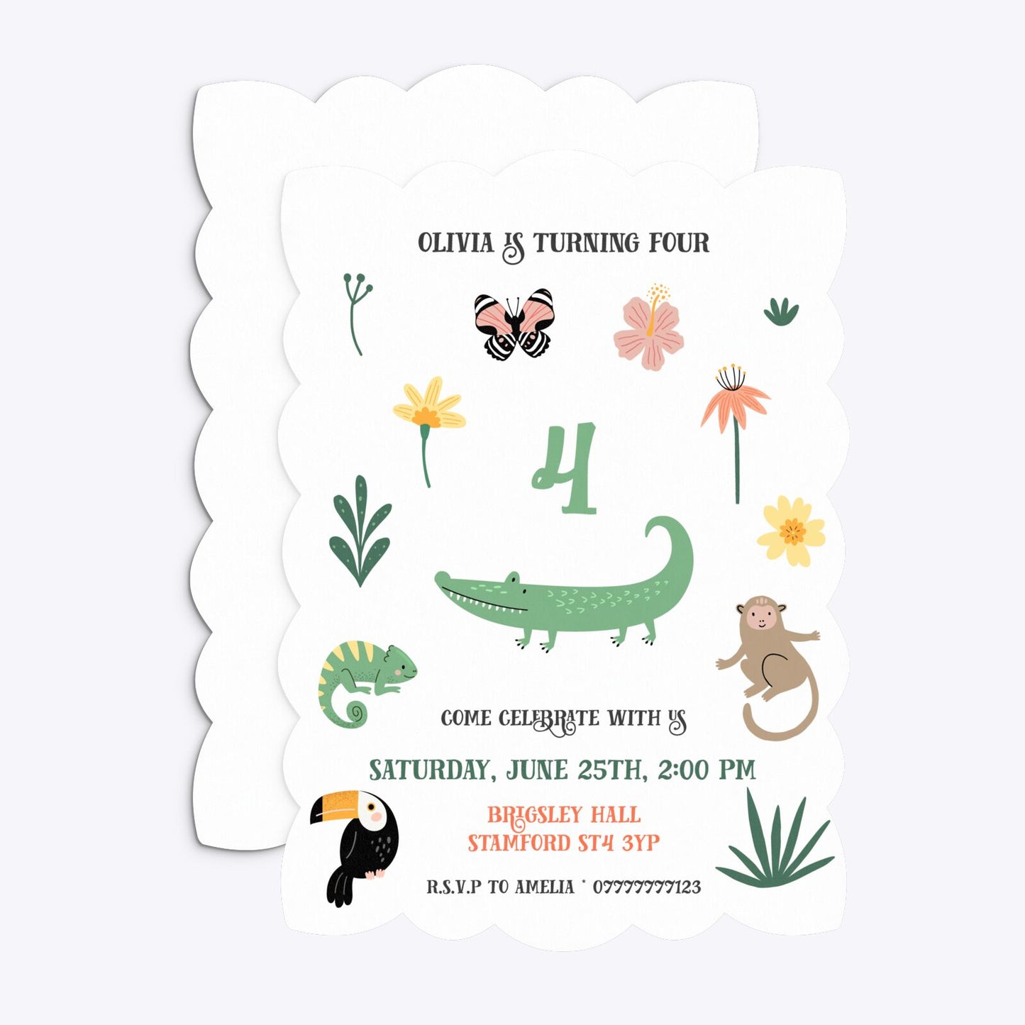 Animals Personalised Happy Birthday Petal Invitation Matte Paper Front and Back Image