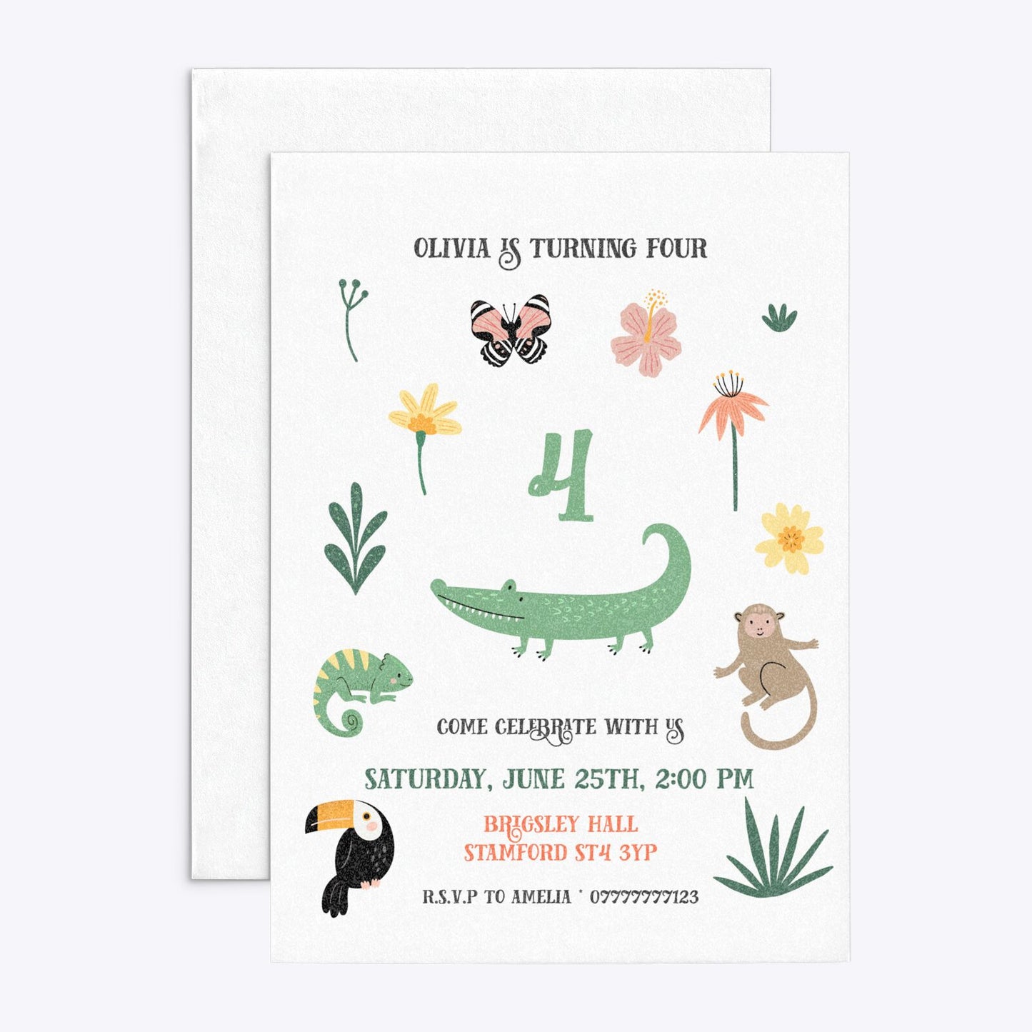 Animals Personalised Happy Birthday Rectangle Invitation Glitter Front and Back Image