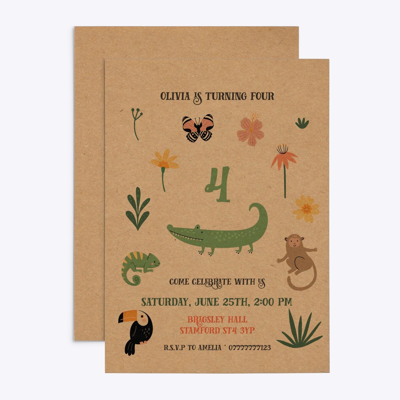 Animals Personalised Happy Birthday Rectangle Invitation Kraft Front and Back Image