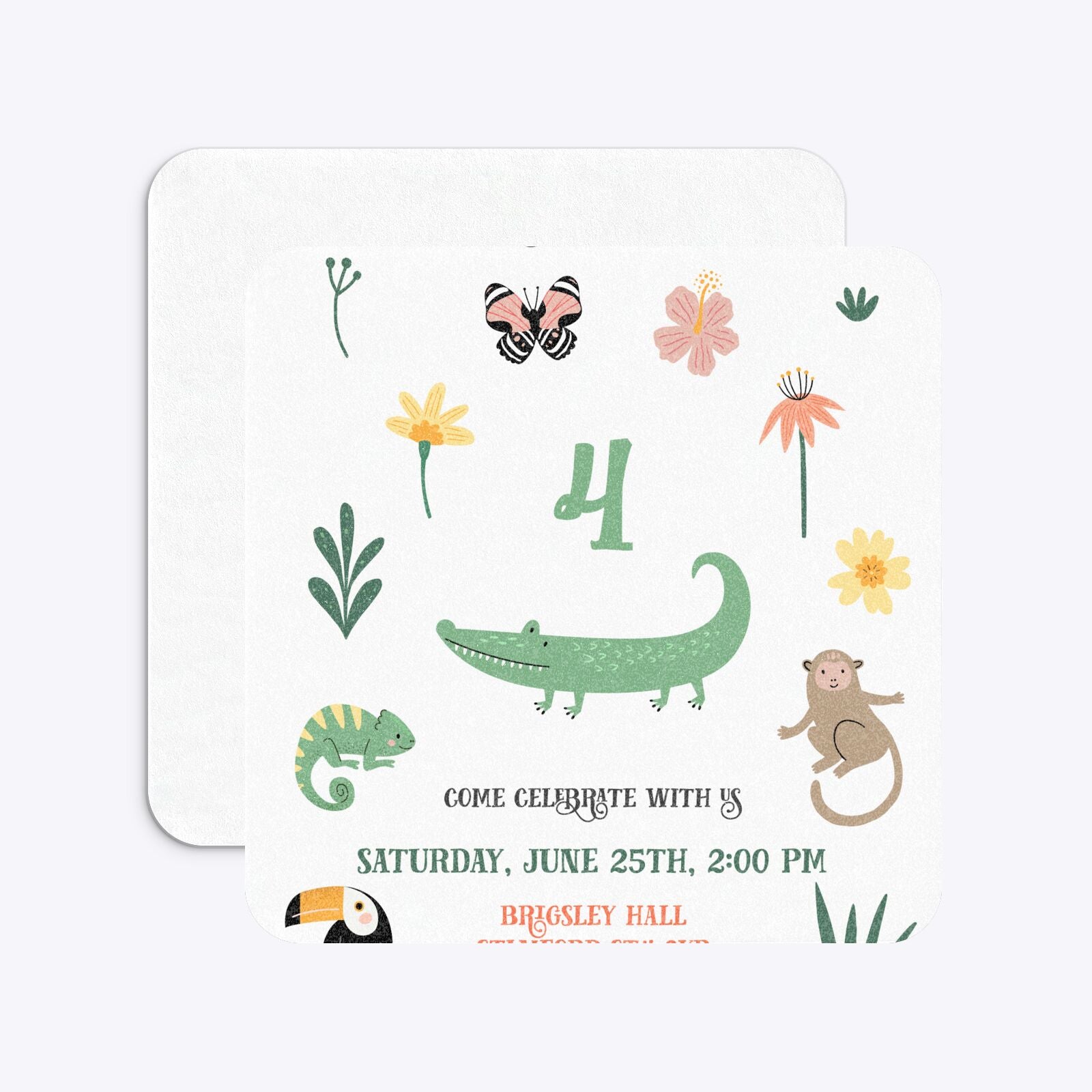 Animals Personalised Happy Birthday Rounded 5 25x5 25 Invitation Glitter Front and Back Image