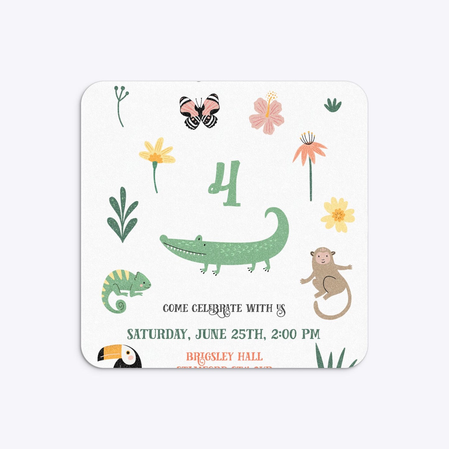 Animals Personalised Happy Birthday Rounded 5 25x5 25 Invitation Glitter