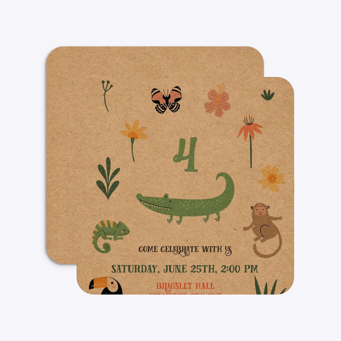 Animals Personalised Happy Birthday Rounded 5 25x5 25 Invitation Kraft Front and Back Image