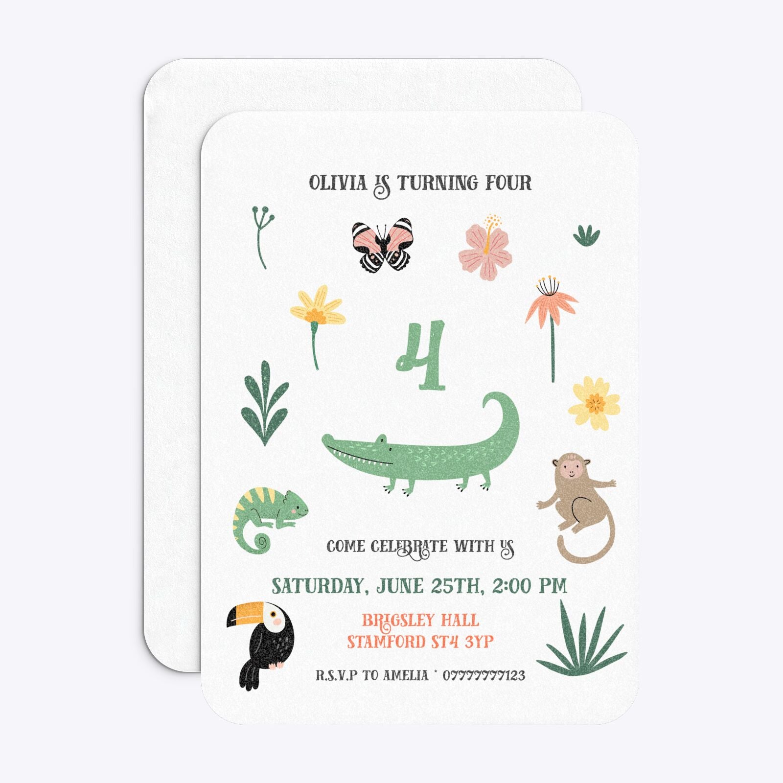 Animals Personalised Happy Birthday Rounded Invitation Glitter Front and Back Image