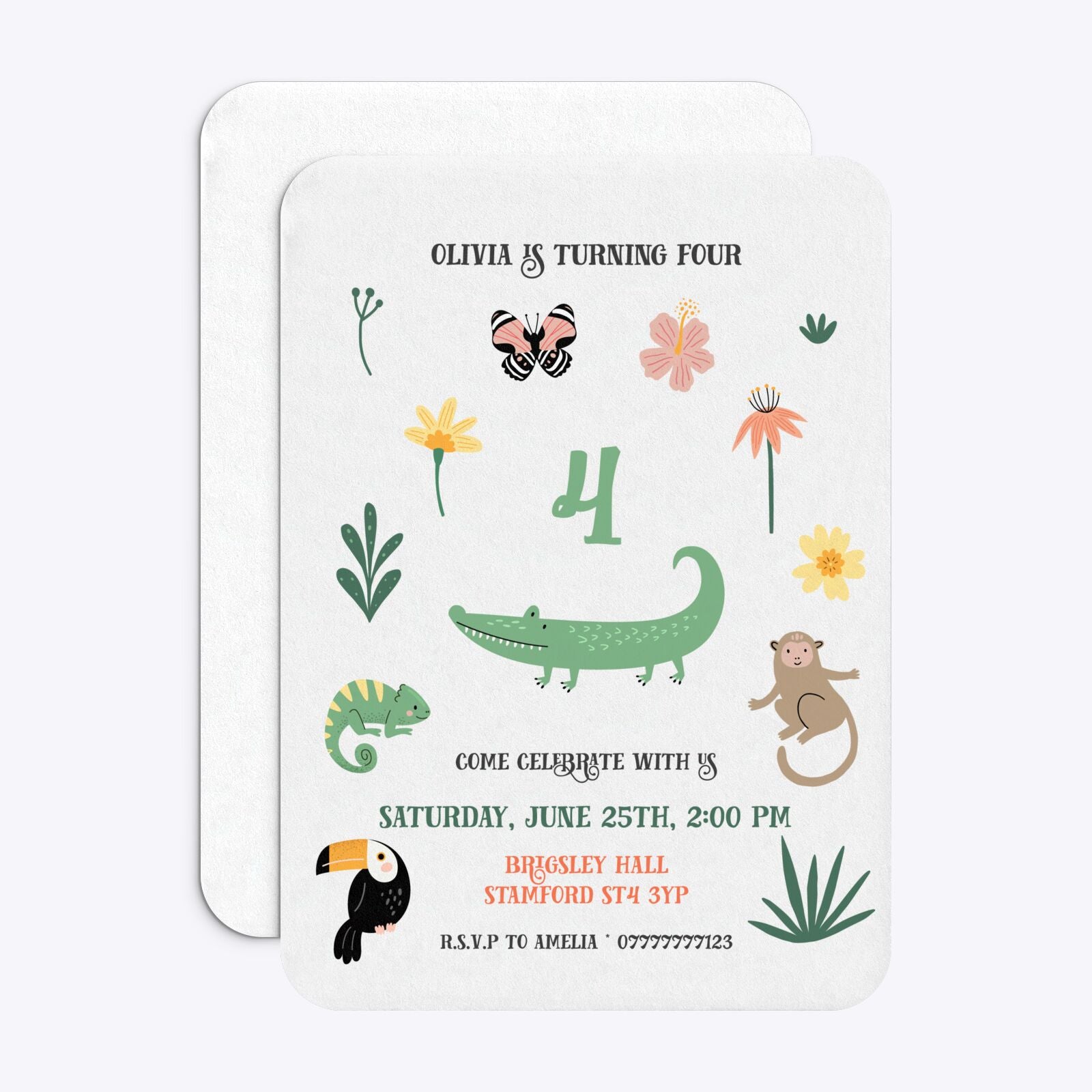 Animals Personalised Happy Birthday Rounded Invitation Matte Paper Front and Back Image